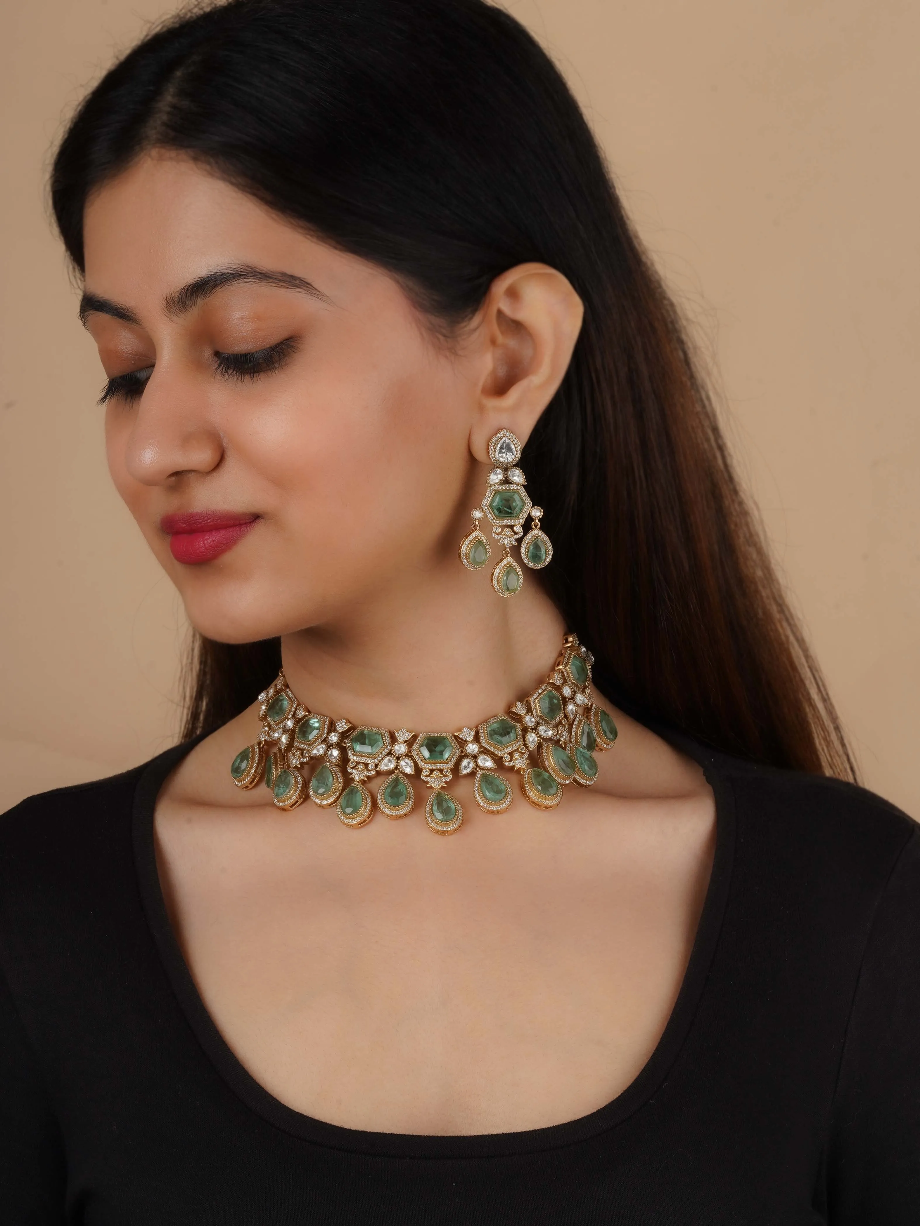 Green Color Gold Plated Faux Polki Necklace Set - PK-S279LGR