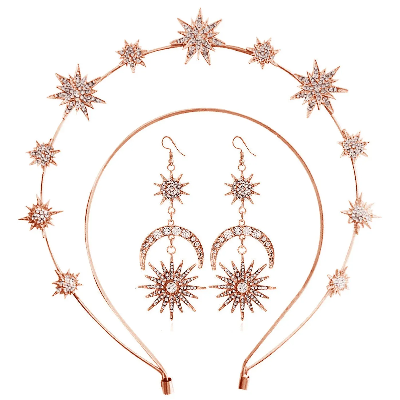 Halo Crown Exaggerated Sun Moon Stars Drop Earrings Rhinestone Earrings for Women Jewelry Golden Boho Vintage Earring Sets