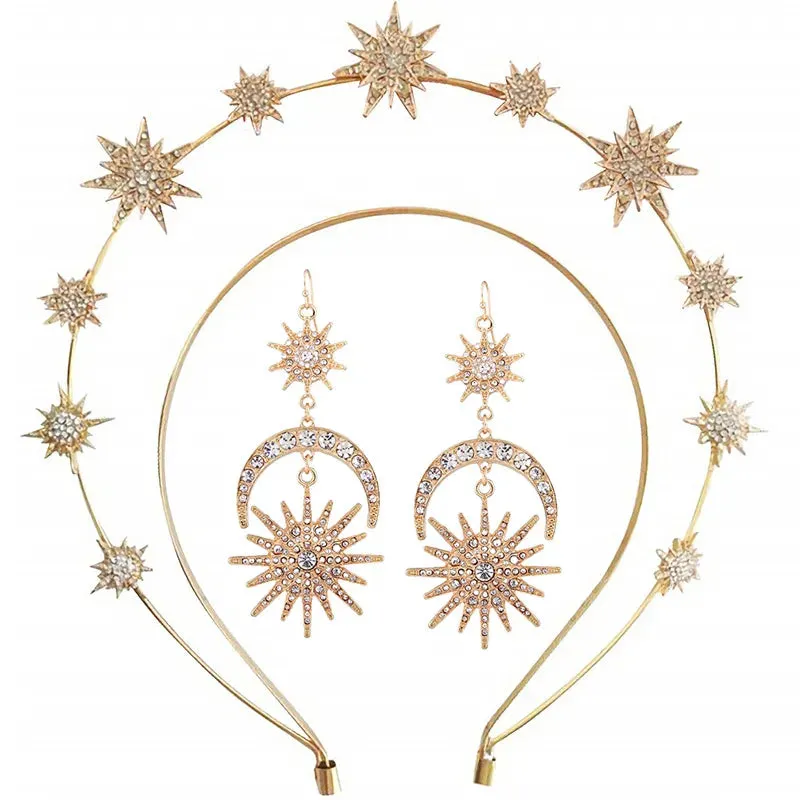 Halo Crown Exaggerated Sun Moon Stars Drop Earrings Rhinestone Earrings for Women Jewelry Golden Boho Vintage Earring Sets