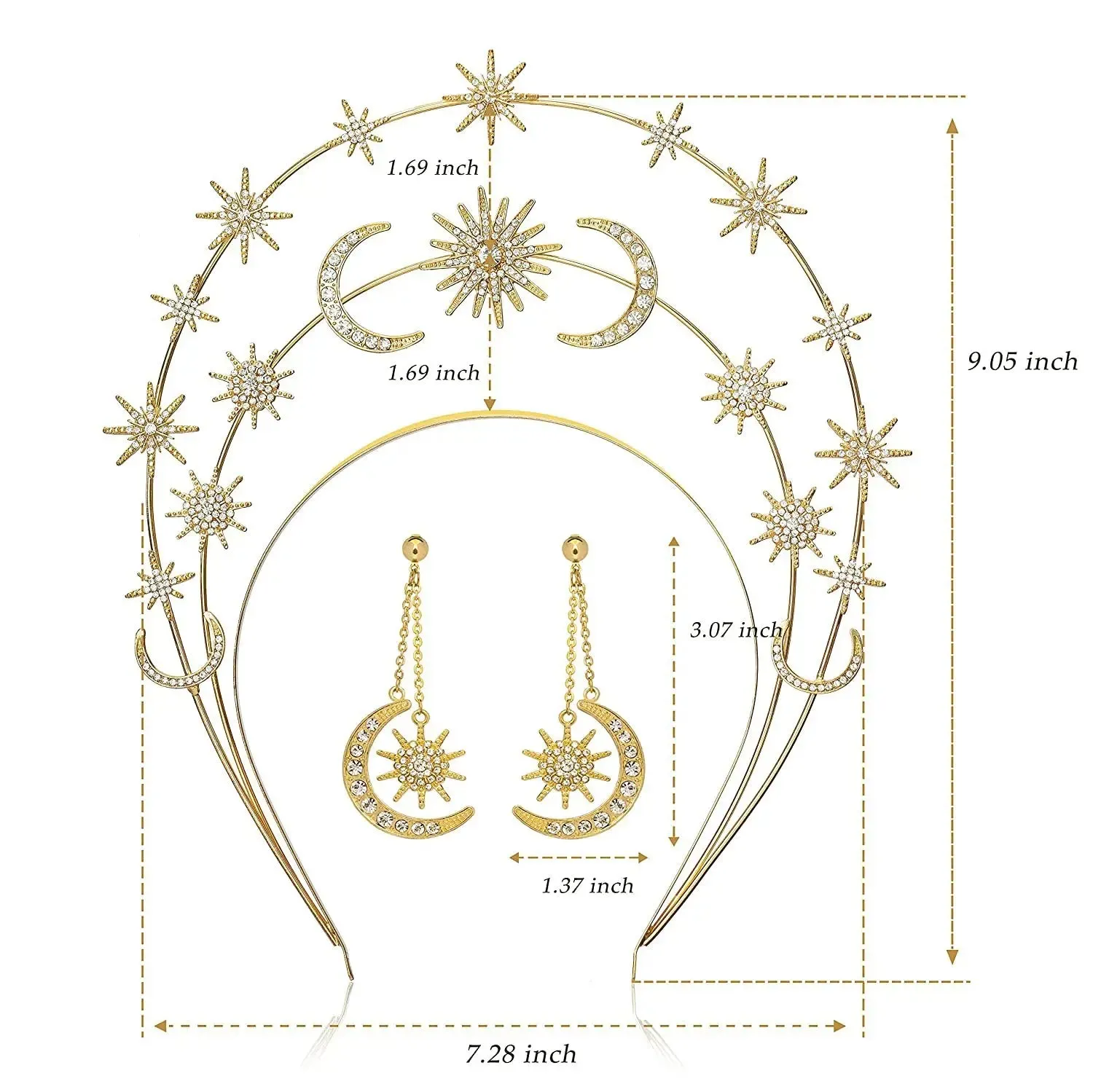 Halo Crown Exaggerated Sun Moon Stars Drop Earrings Rhinestone Earrings for Women Jewelry Golden Boho Vintage Earring Sets