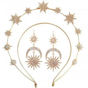 Halo Crown Exaggerated Sun Moon Stars Drop Earrings Rhinestone Earrings for Women Jewelry Golden Boho Vintage Earring Sets