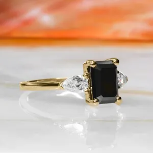 Kamari  Three Stone  Natural Black Diamond Emerald Cut Engagement Ring