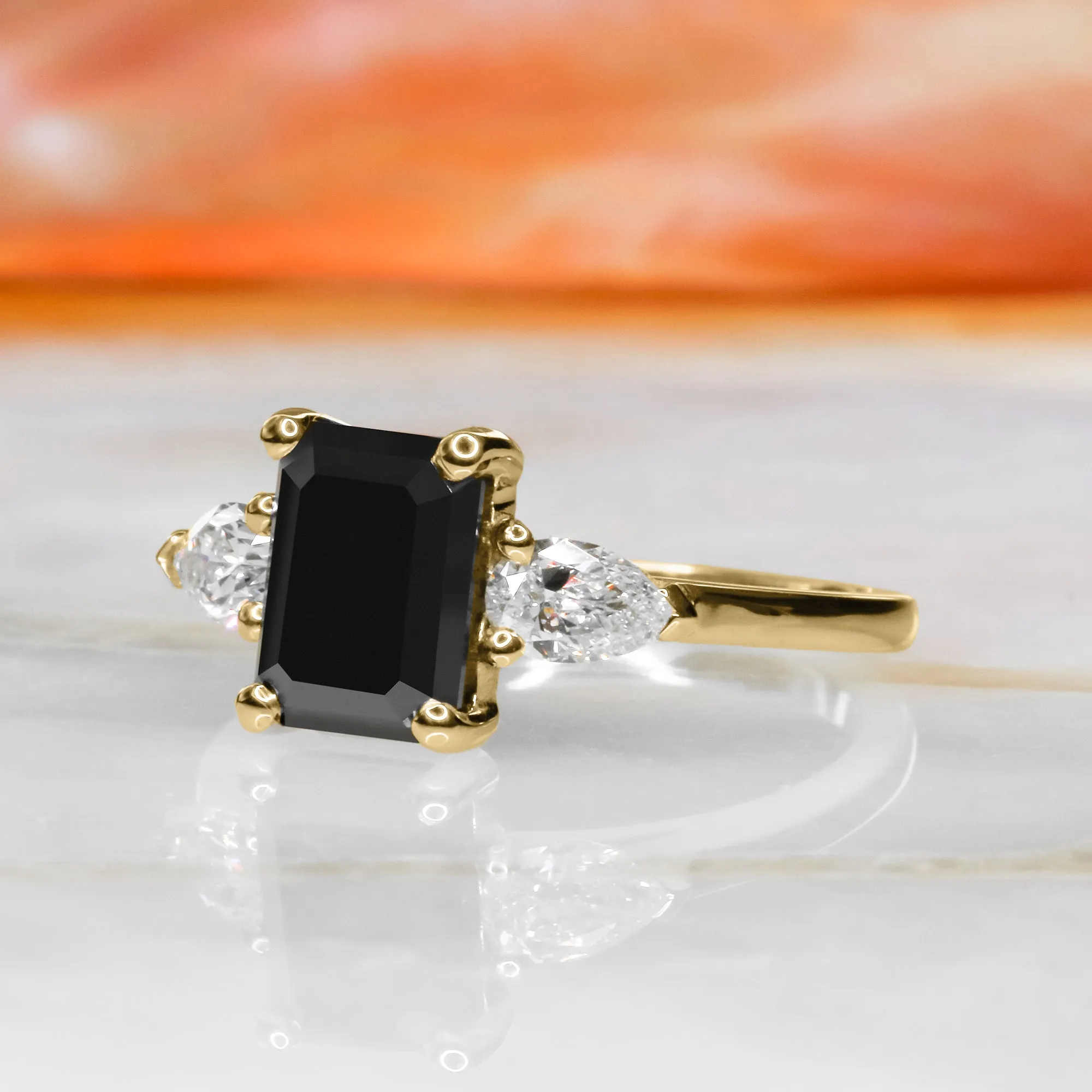 Kamari  Three Stone  Natural Black Diamond Emerald Cut Engagement Ring