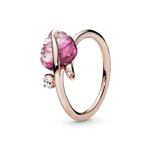 Leaf 14k Rose Gold-plated ring with pink Murano glass and clear cubic zirconia