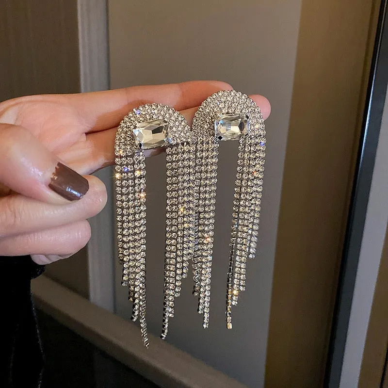 Long Full Rhinestone Big Earrings