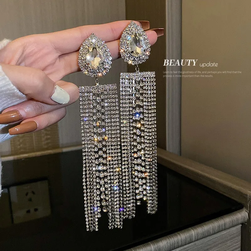 Long Full Rhinestone Big Earrings