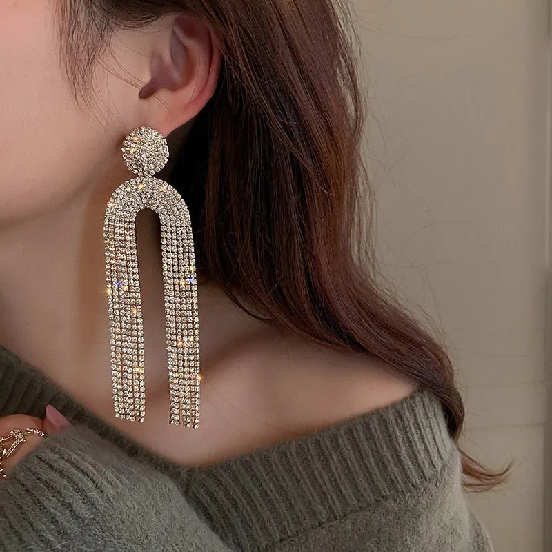 Long Full Rhinestone Big Earrings