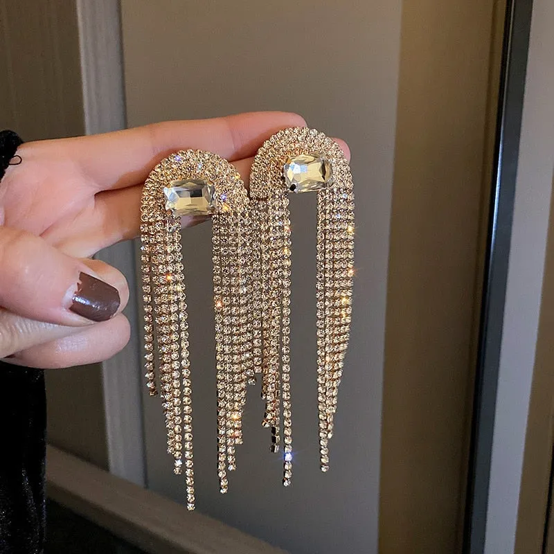 Long Full Rhinestone Big Earrings