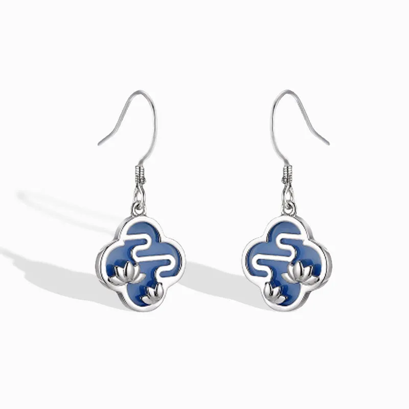 Lotus Pattern Blue Colour Silver Drop Earrings for Women