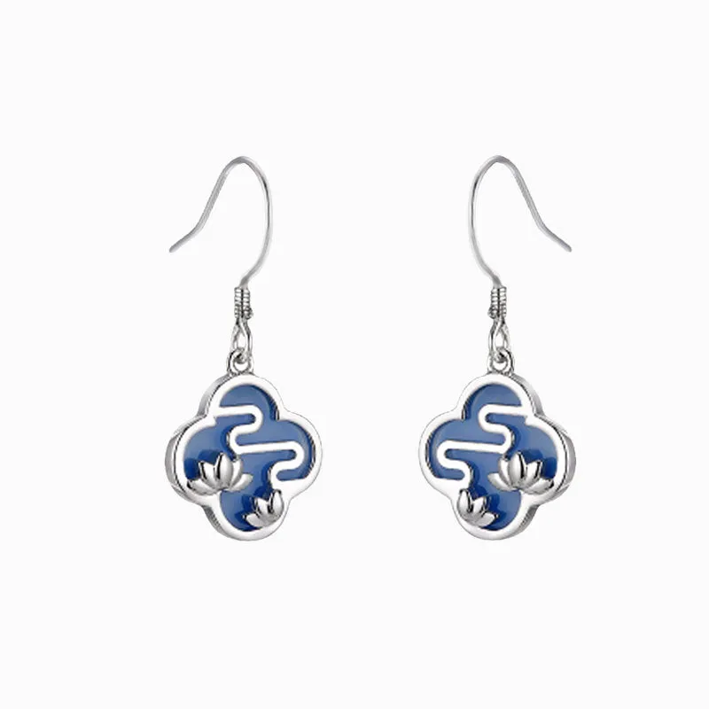 Lotus Pattern Blue Colour Silver Drop Earrings for Women