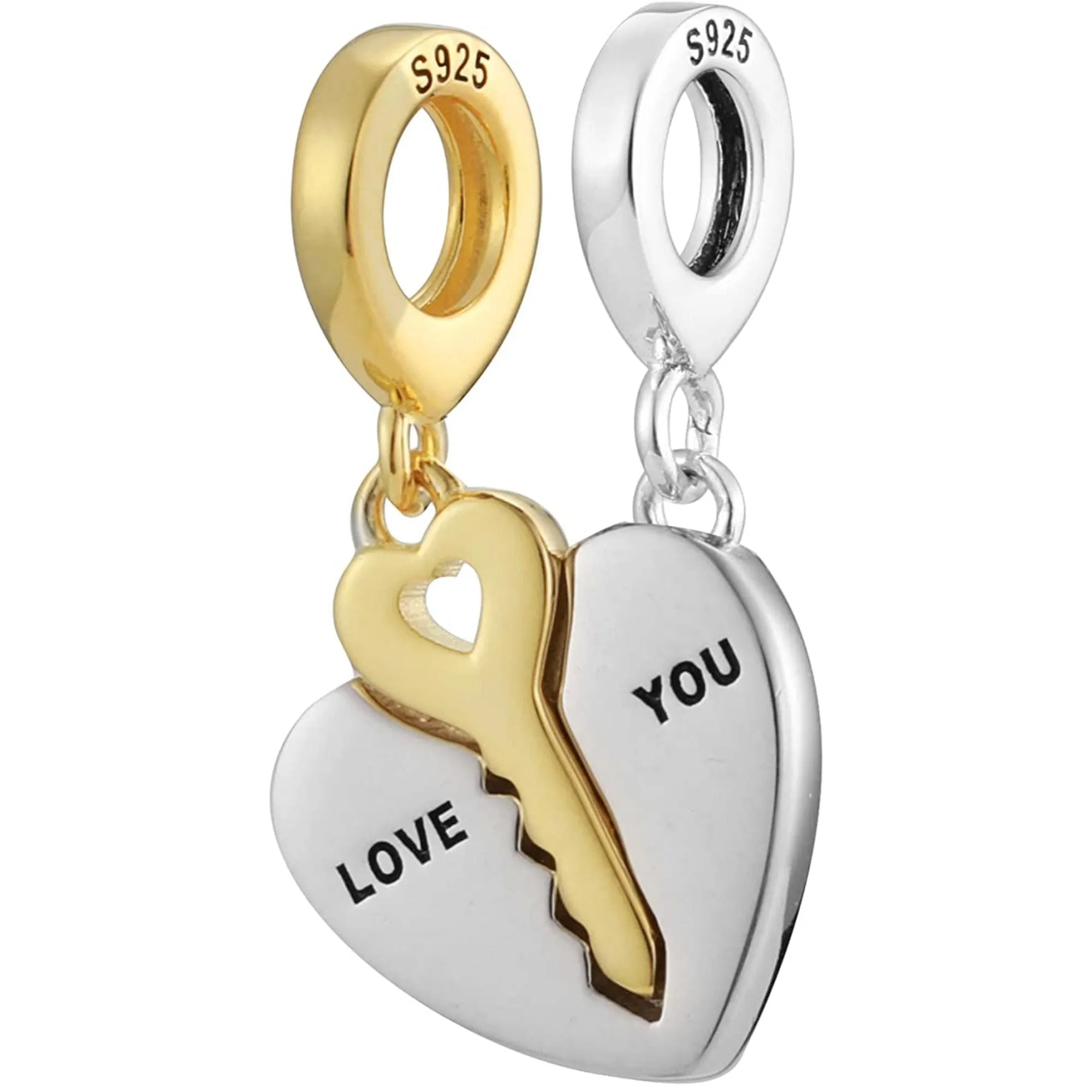 Matching 2pc Love You Heart & Key Dangle Pendant Bead Charm