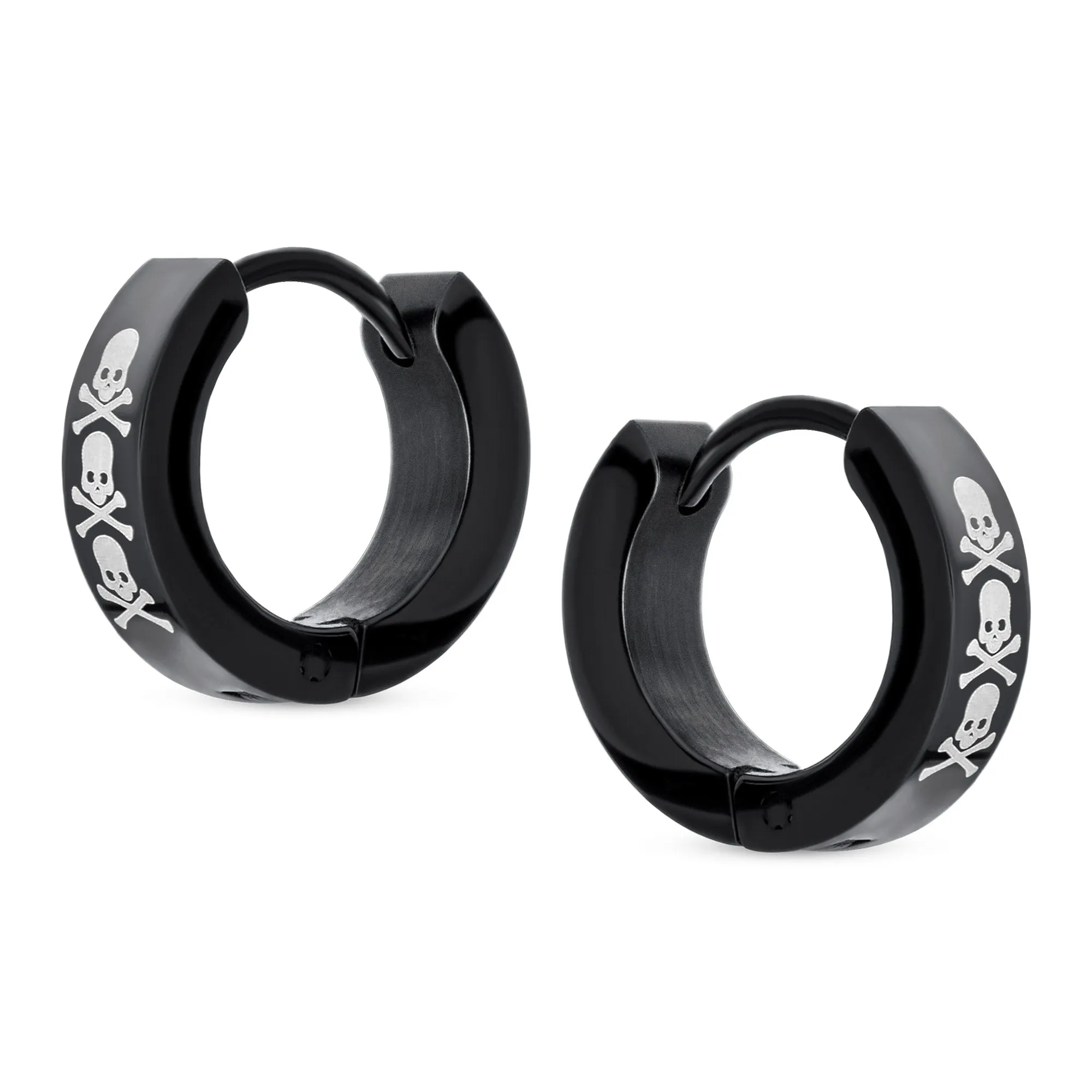 Mens Earrings Silver Tone Stainless Steel Skull Hoop Huggie for Biker Style