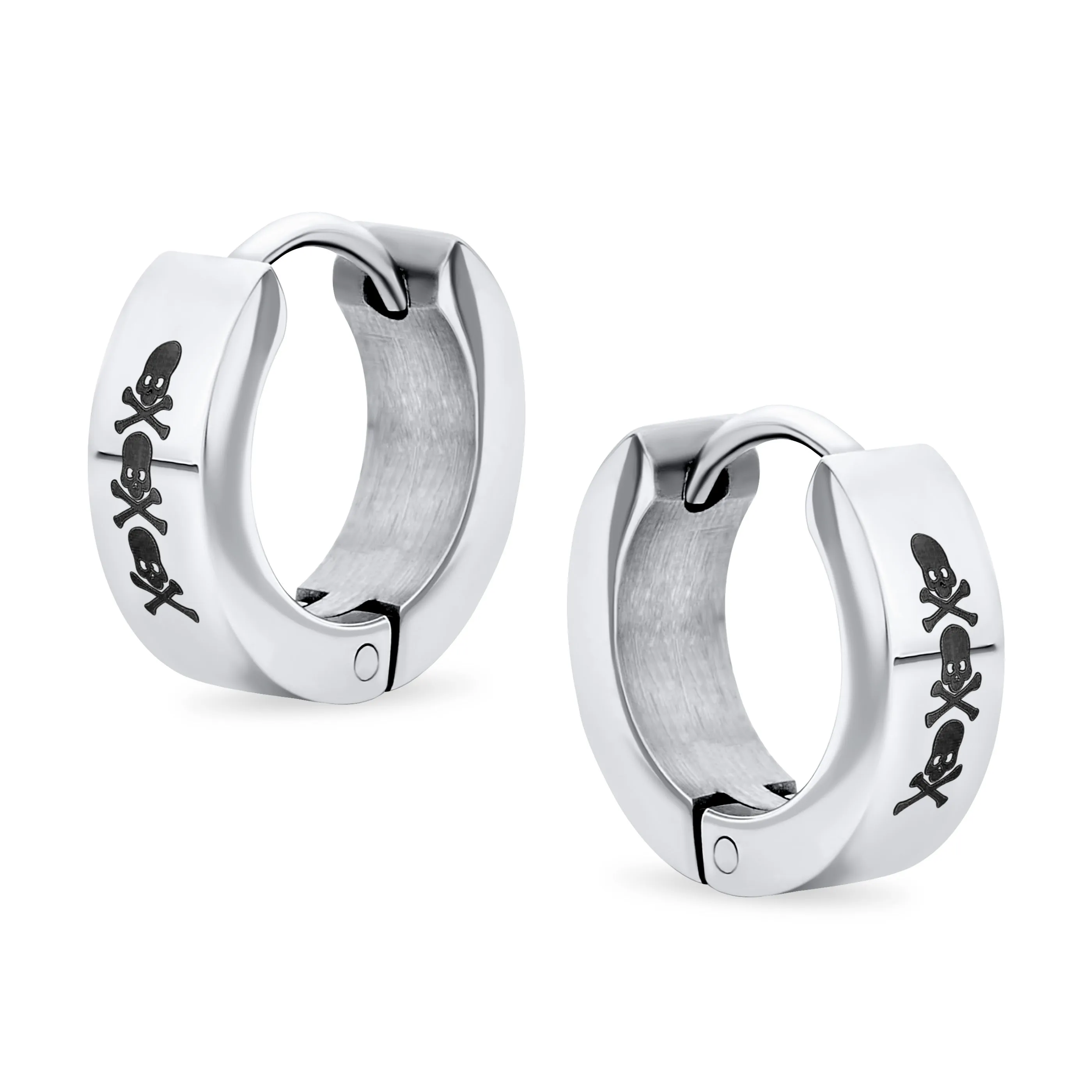 Mens Earrings Silver Tone Stainless Steel Skull Hoop Huggie for Biker Style