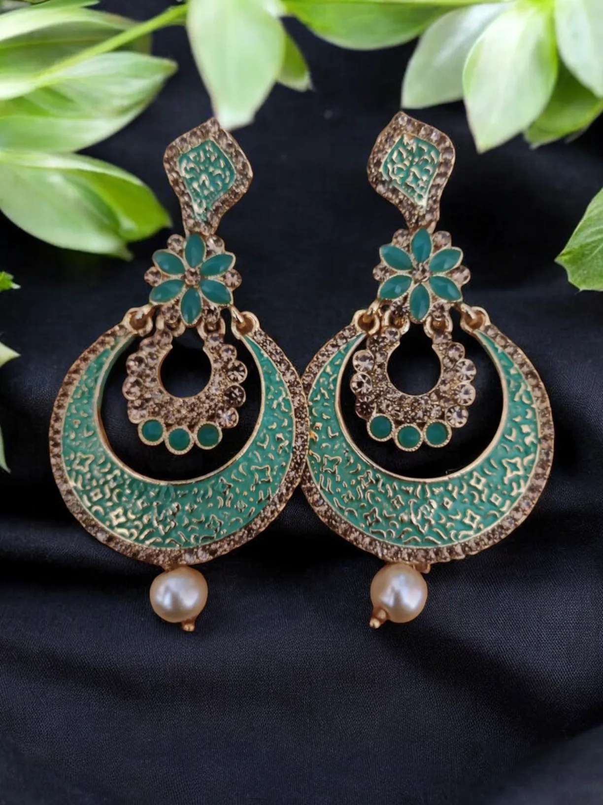 Mint Pearls Gold Tone Chandbali Bridal Earrings, Pearl Bridal Jewelry, Earrings Set, Kundan Set, Weddings Earring