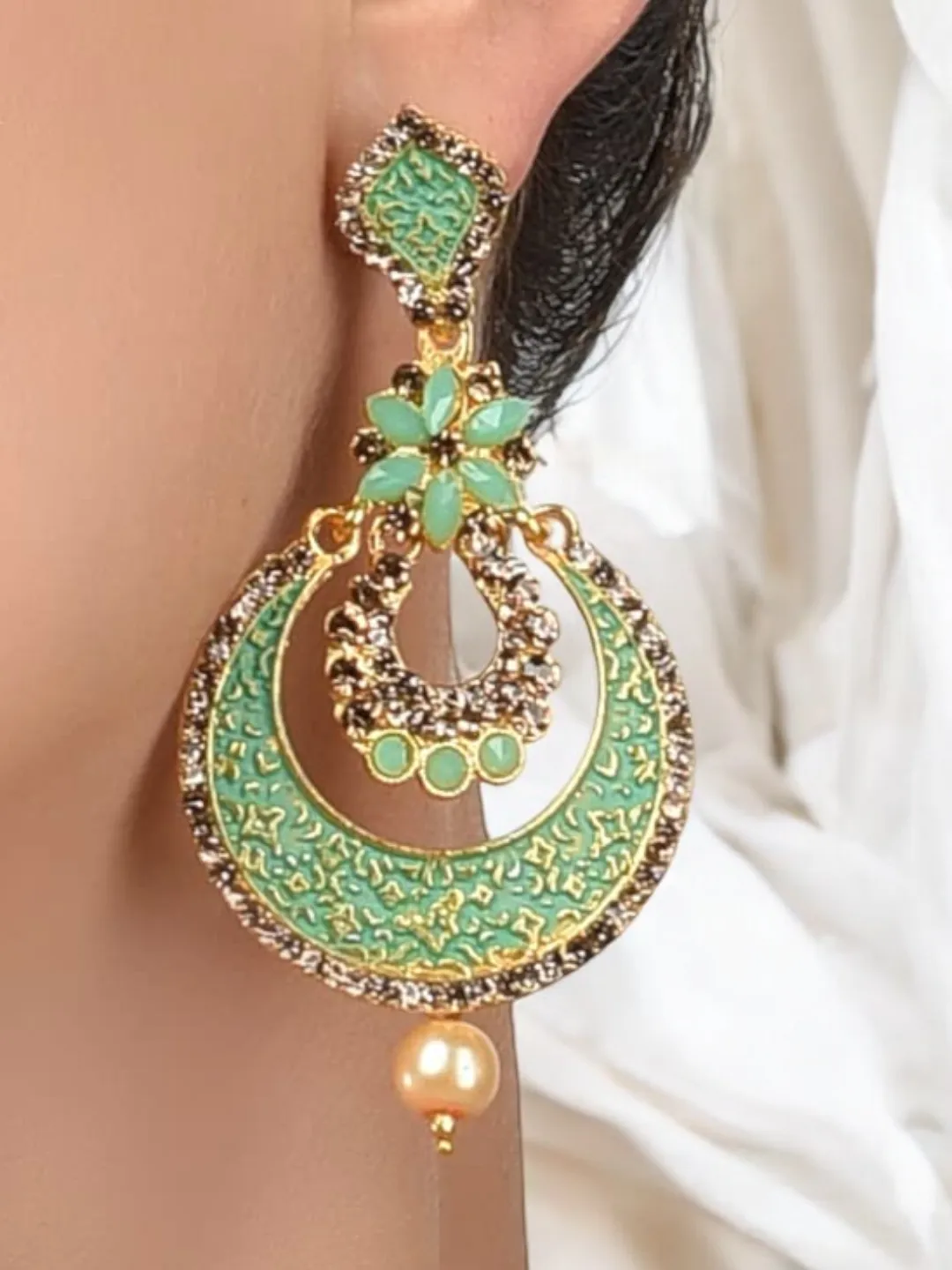 Mint Pearls Gold Tone Chandbali Bridal Earrings, Pearl Bridal Jewelry, Earrings Set, Kundan Set, Weddings Earring