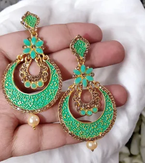 Mint Pearls Gold Tone Chandbali Bridal Earrings, Pearl Bridal Jewelry, Earrings Set, Kundan Set, Weddings Earring