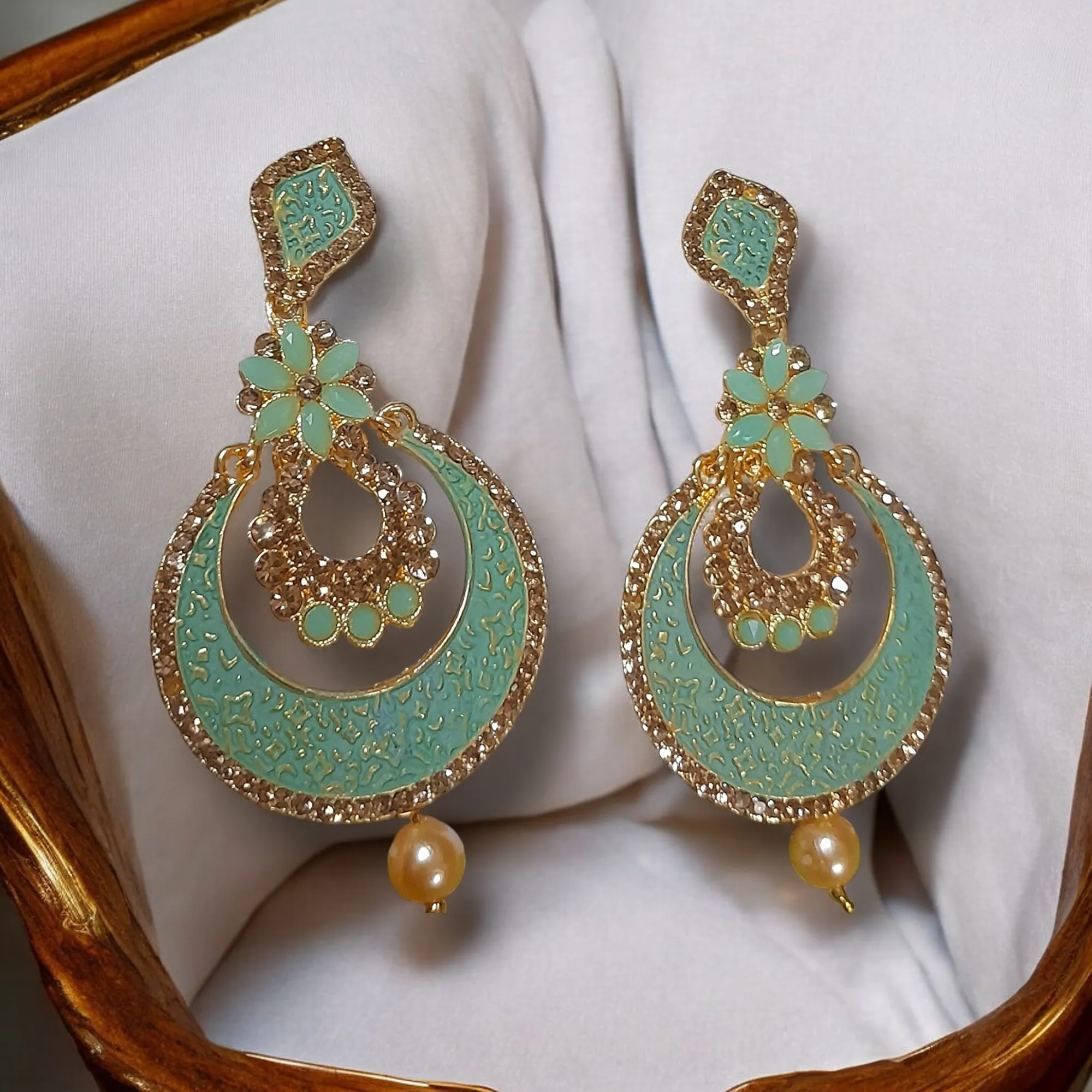 Mint Pearls Gold Tone Chandbali Bridal Earrings, Pearl Bridal Jewelry, Earrings Set, Kundan Set, Weddings Earring