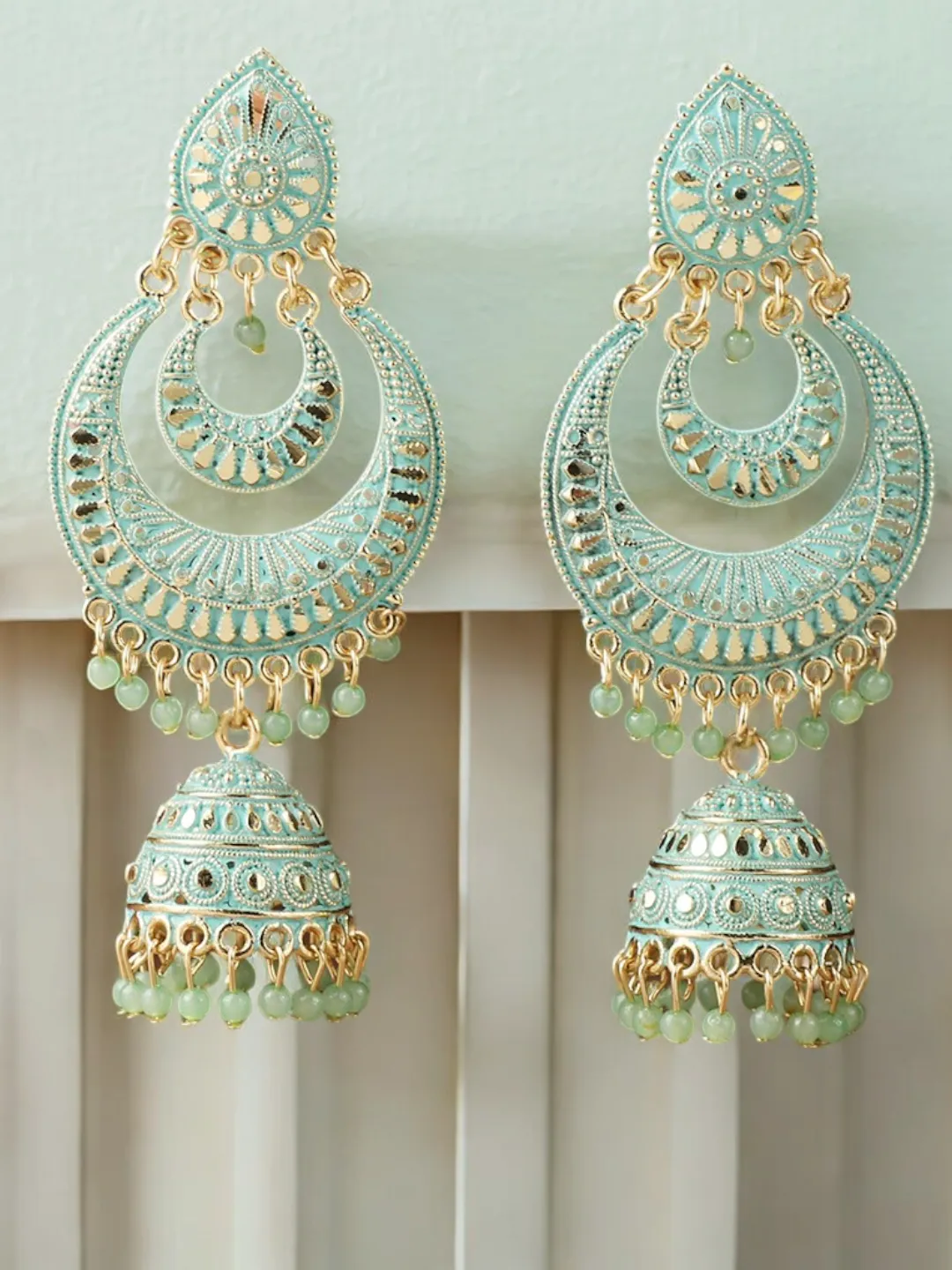 Mint Statement Chandbali Pearl Earrings Set, bridal earrings,  Bollywood Kundan Earrings, chandelier Pearl Kundan