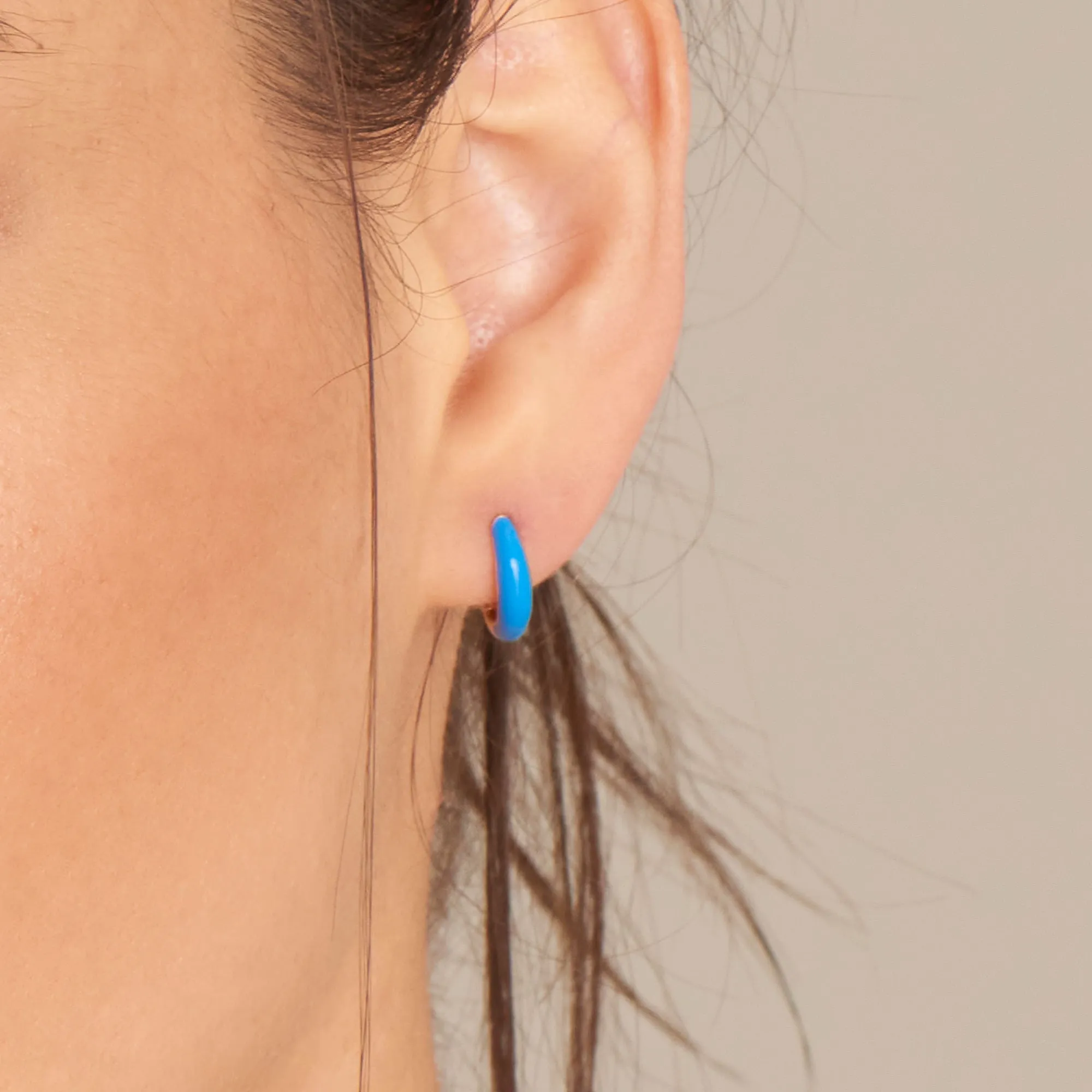 Neon Blue Enamel Gold Sleek Huggie Hoop Earrings