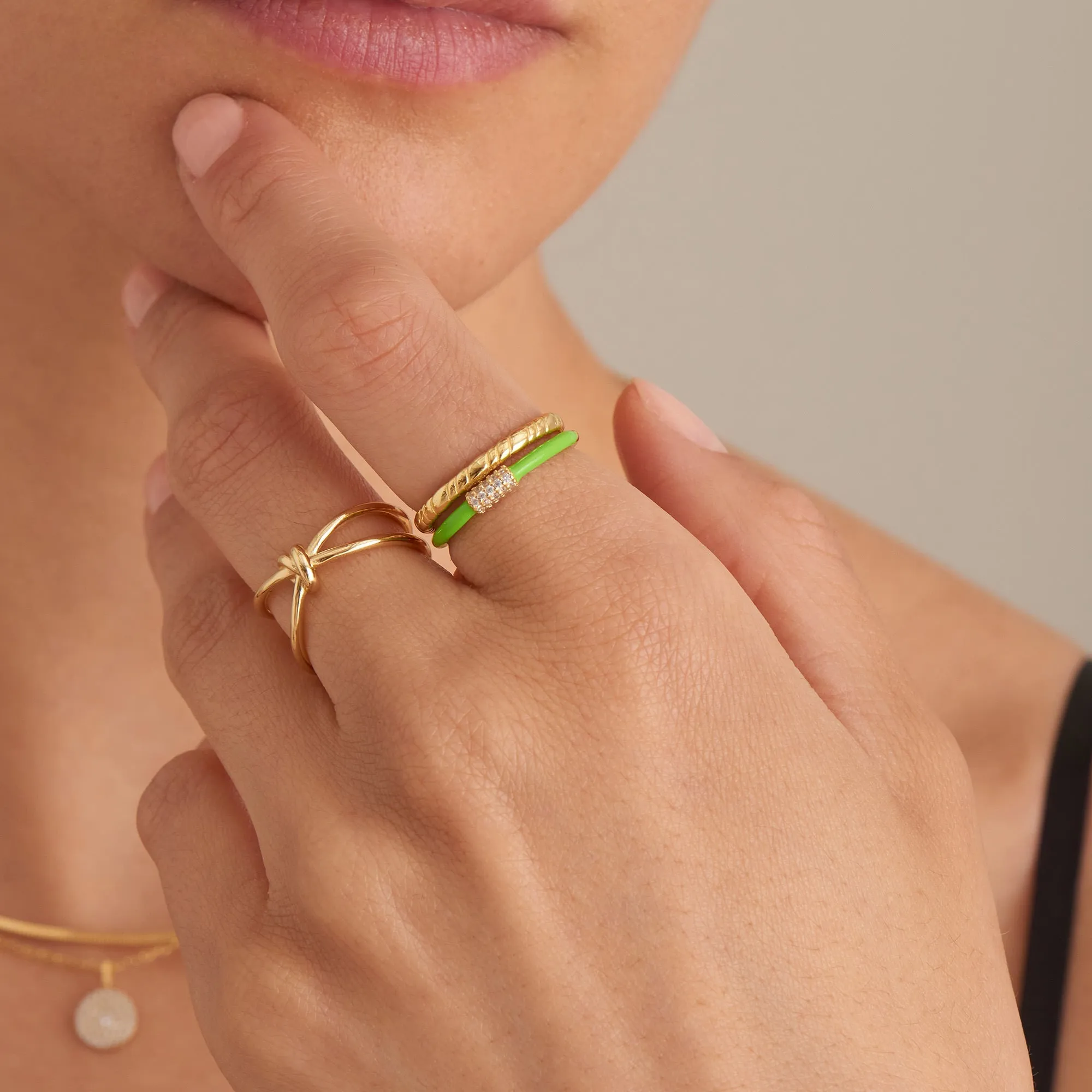 Neon Green Enamel Carabiner Gold Adjustable Ring