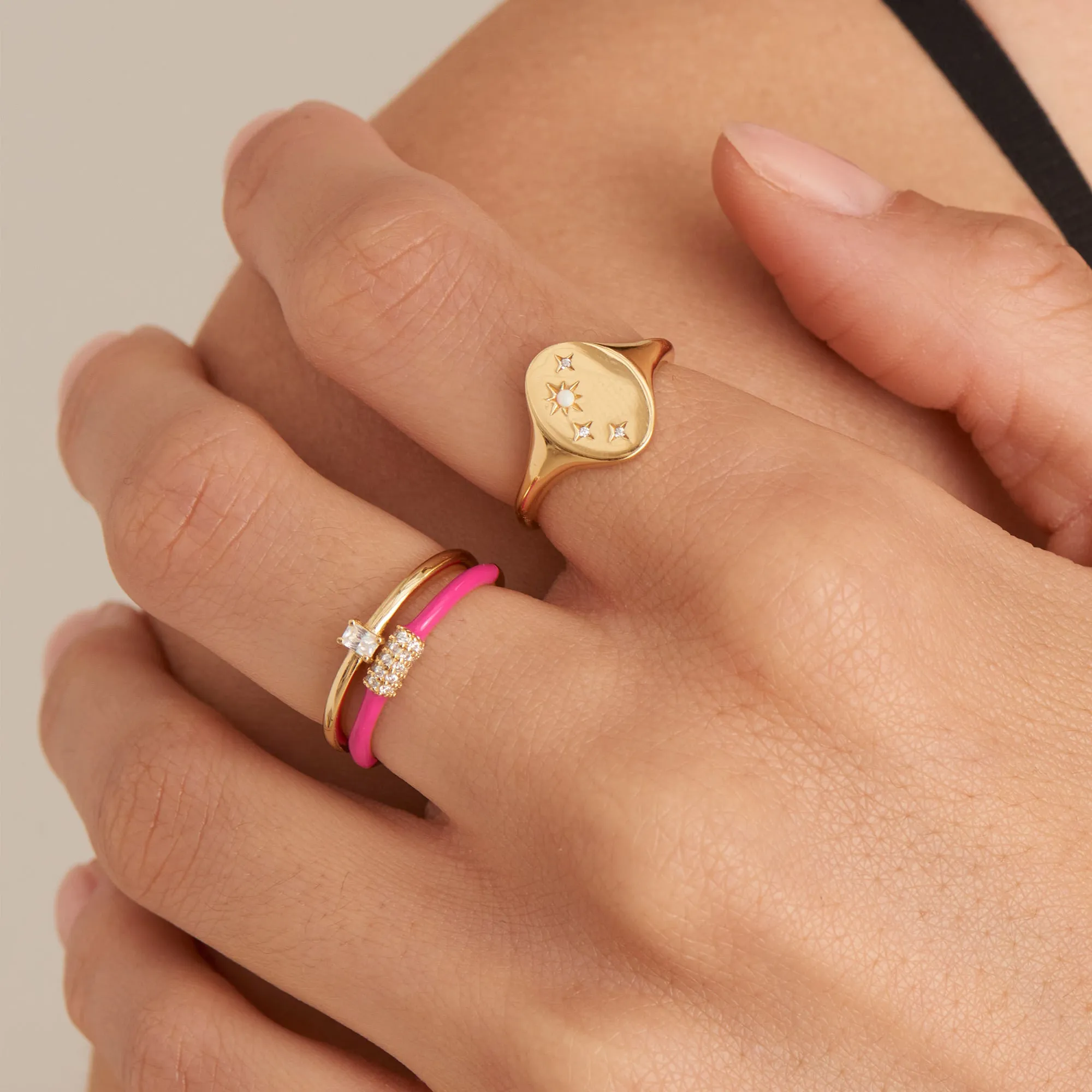 Neon Pink Enamel Carabiner Gold Adjustable Ring