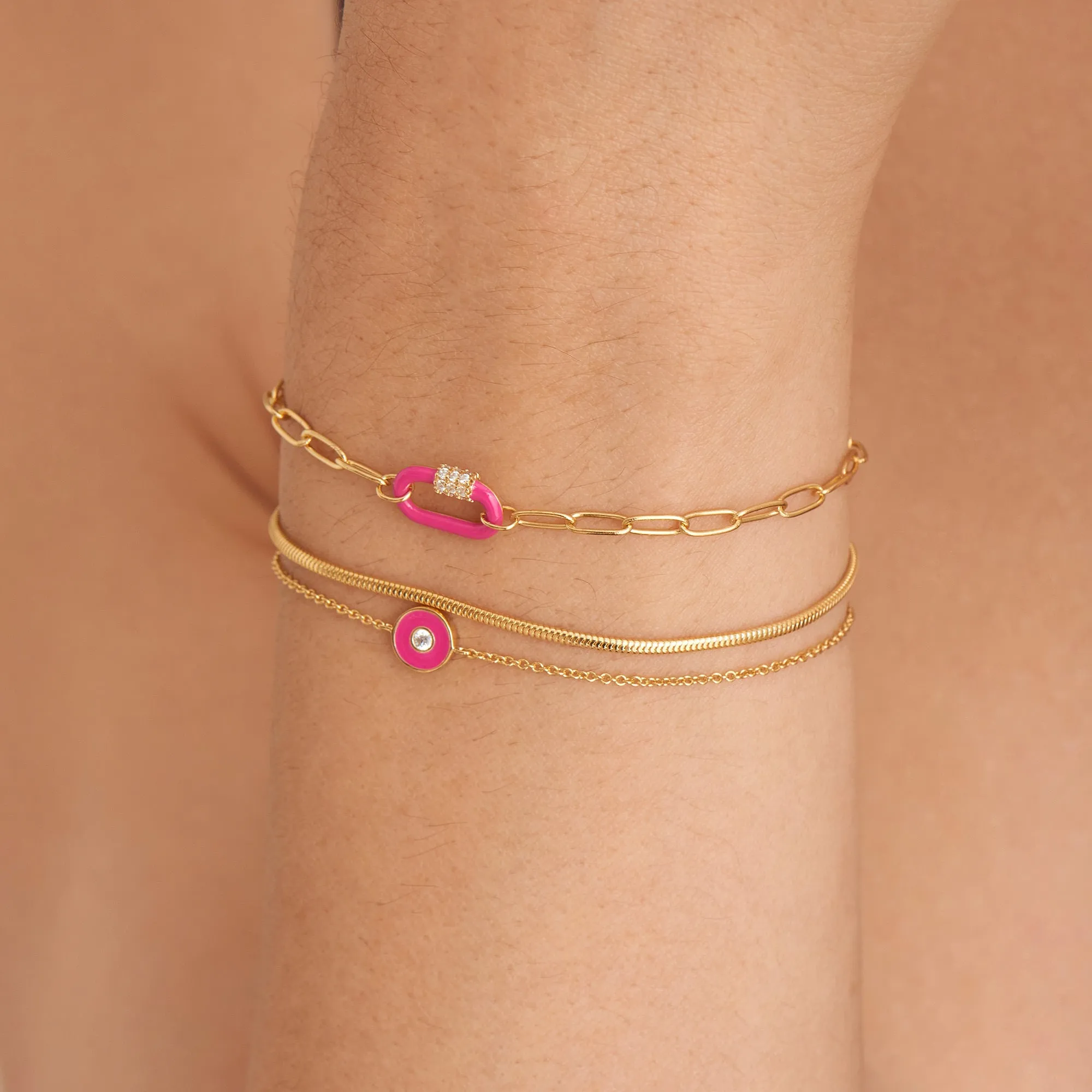 Neon Pink Enamel Carabiner Gold Bracelet