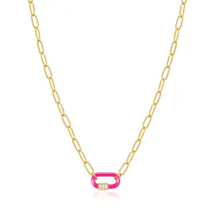 Neon Pink Enamel Carabiner Gold Necklace