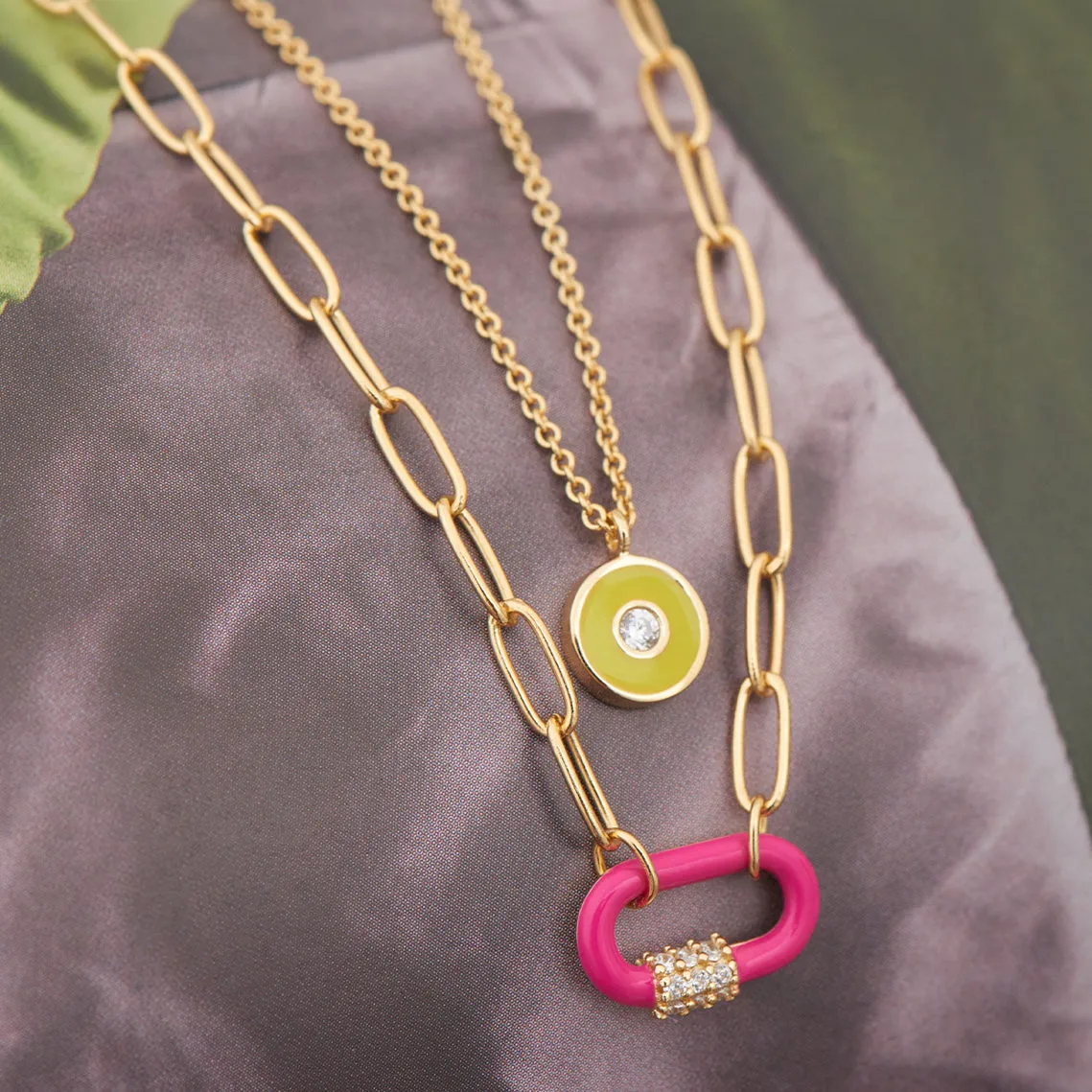 Neon Pink Enamel Carabiner Gold Necklace