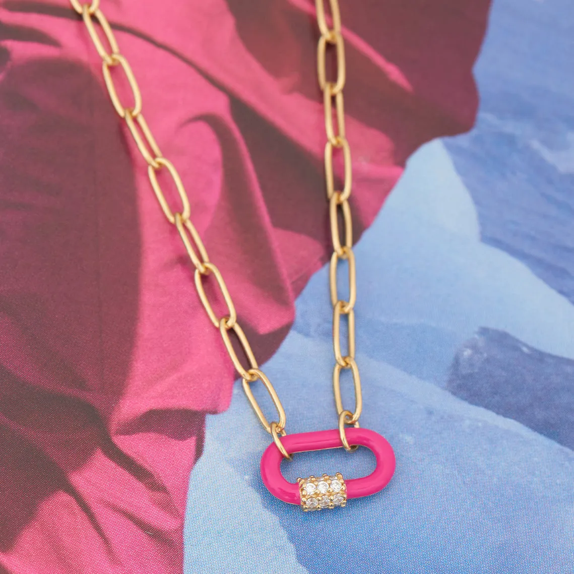 Neon Pink Enamel Carabiner Gold Necklace