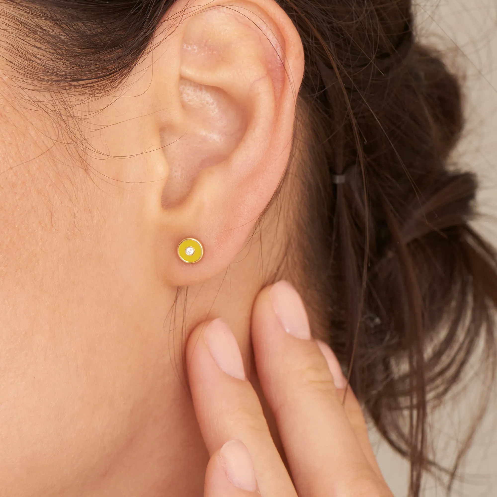 Neon Yellow Enamel Disc Gold Stud Earrings