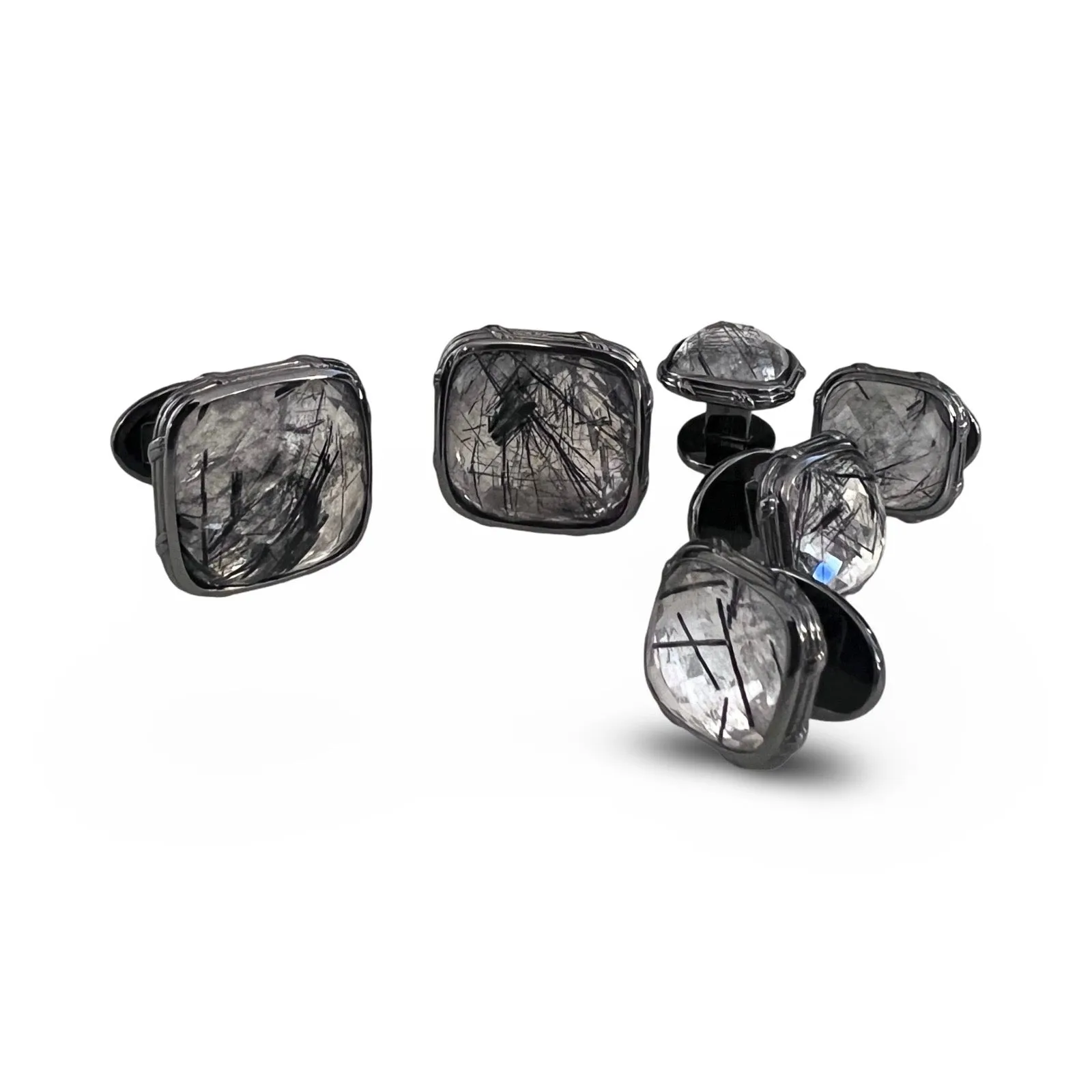 Noir Cufflinks with black hair quartz in ruthenium sterling silver