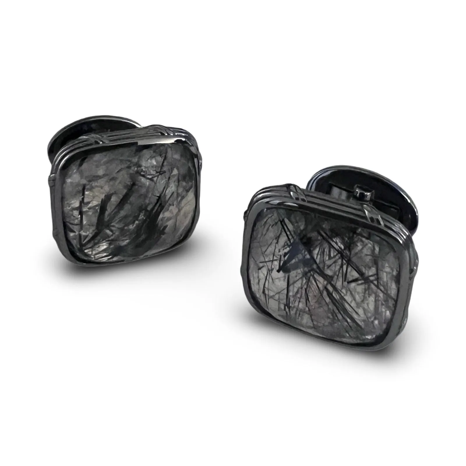 Noir Cufflinks with black hair quartz in ruthenium sterling silver