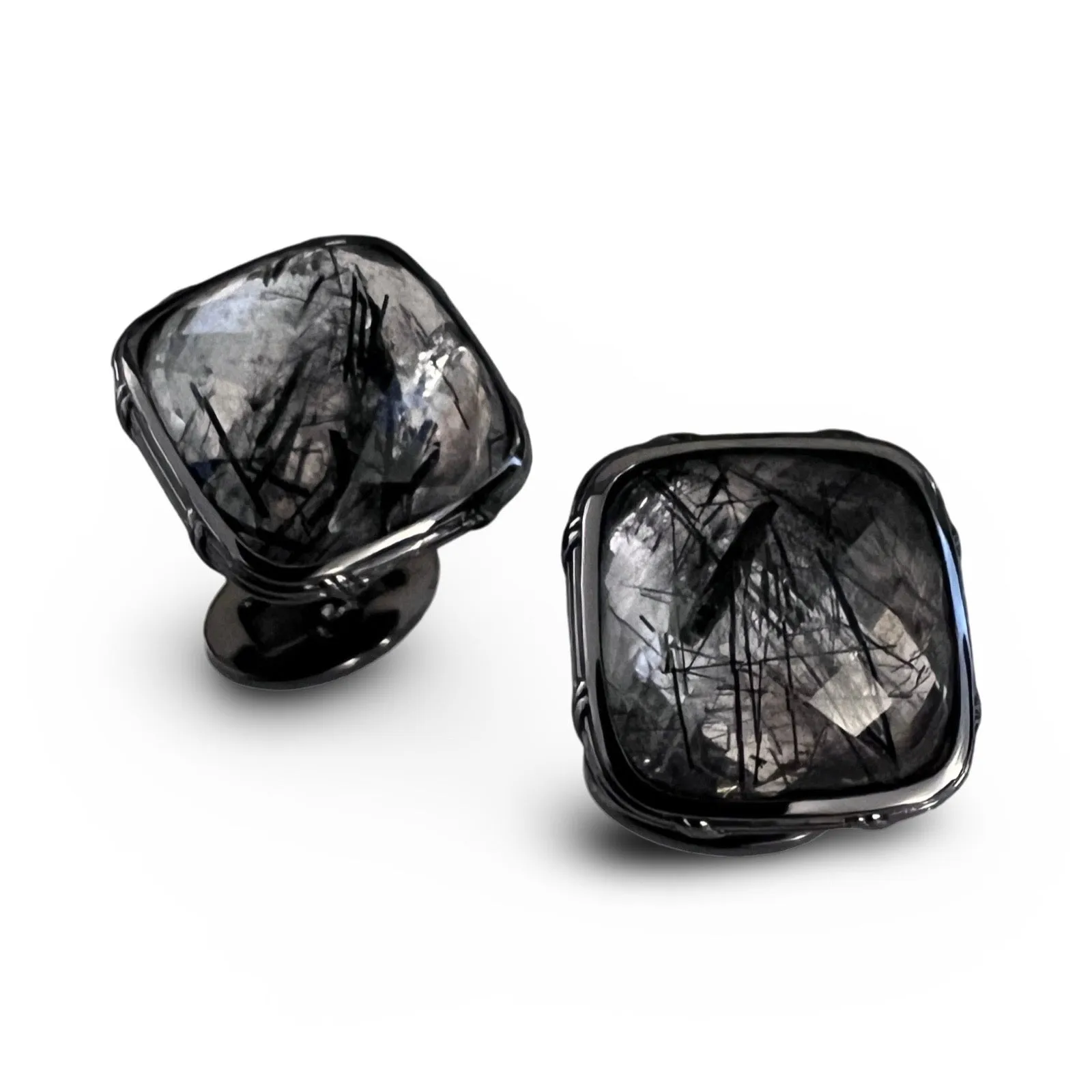 Noir Cufflinks with black hair quartz in ruthenium sterling silver