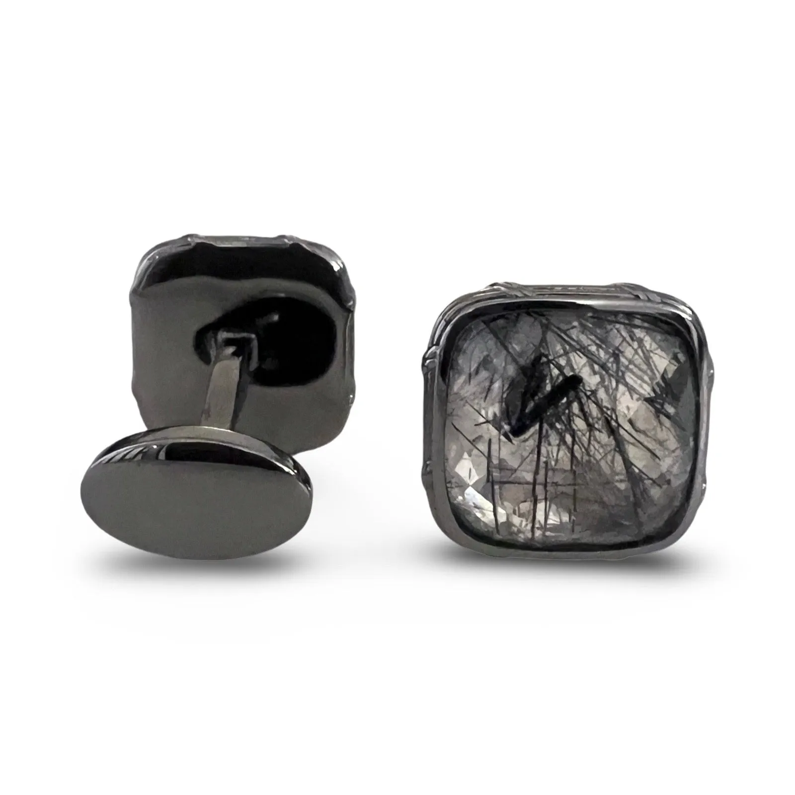 Noir Cufflinks with black hair quartz in ruthenium sterling silver