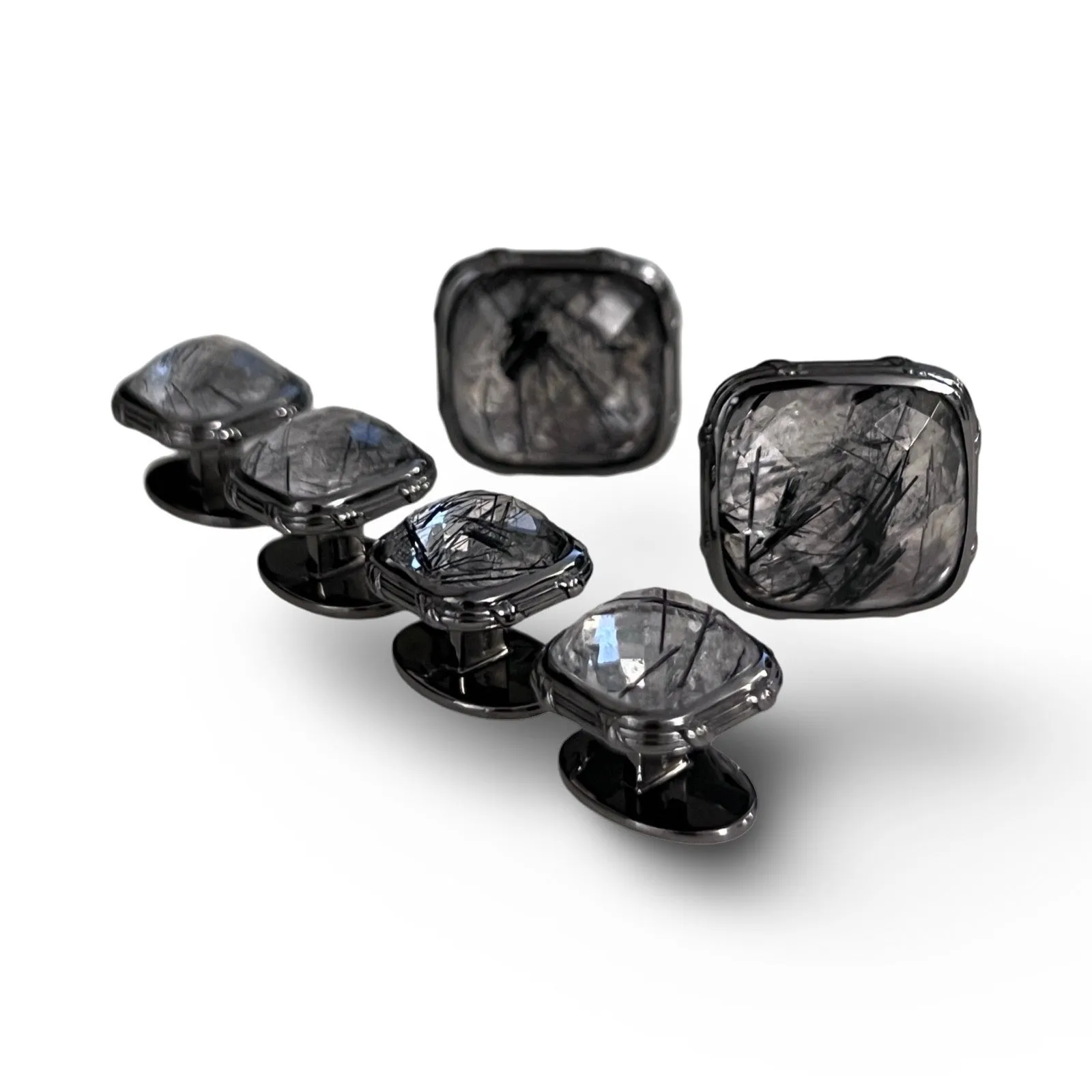 Noir Cufflinks with black hair quartz in ruthenium sterling silver