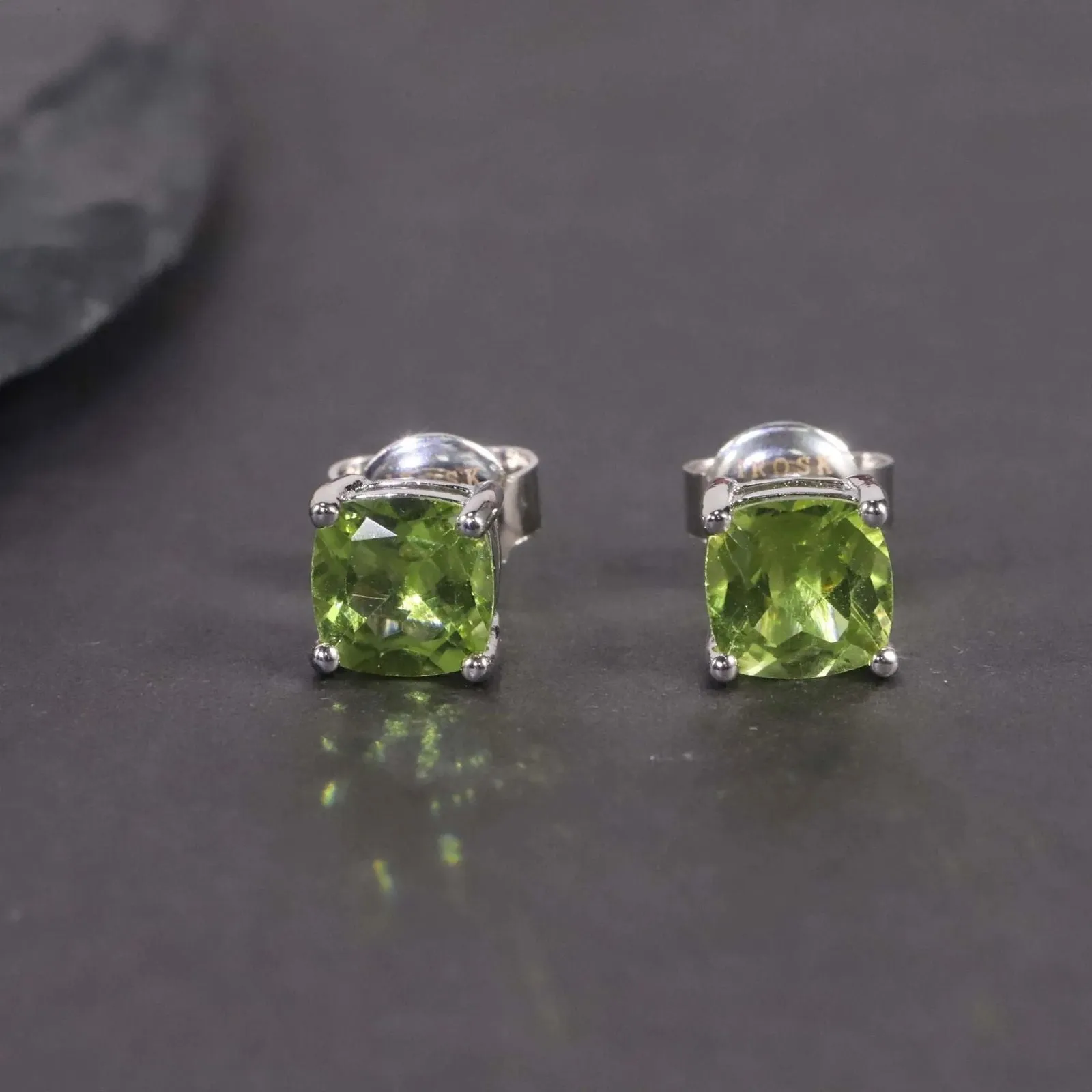 Peridot Stud Earrings | Cushion Cut in Sterling Silver | Irosk ®