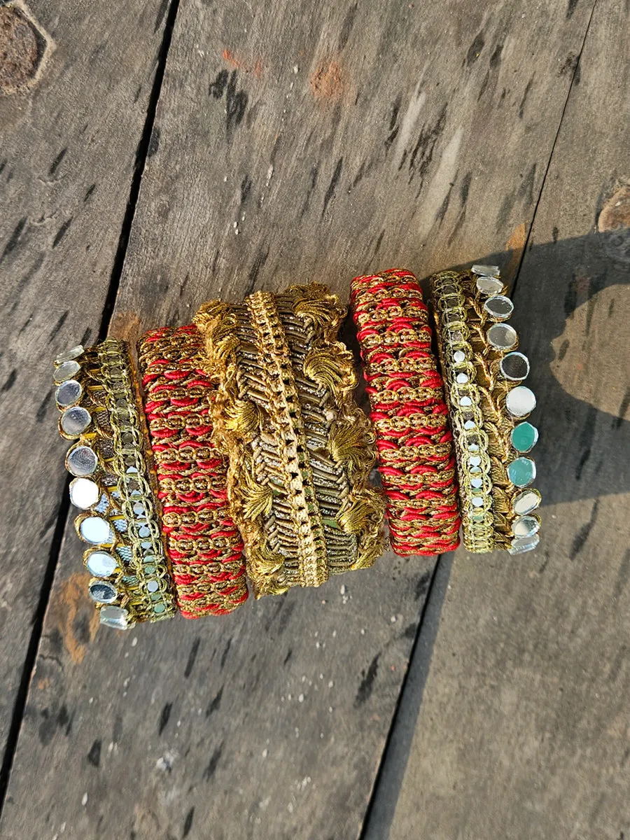 Red-Golden Mirror Gota Bangles (Set of 5)