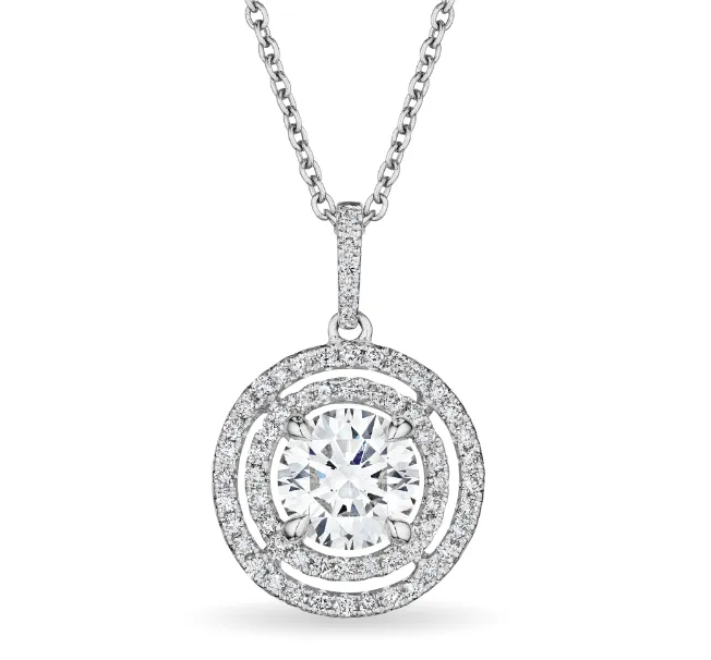 Round Cut Diamond Pendant with Double Halo, 2 CT