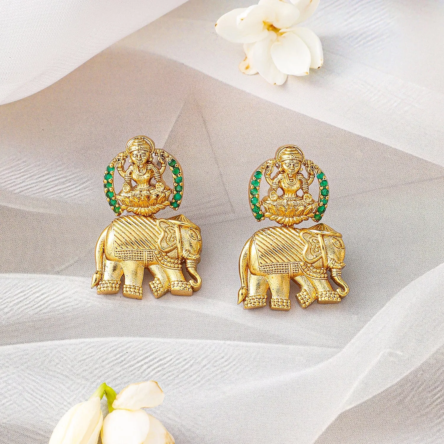 Rubans 22K Gold-Plated Lakshmi & Elephant Motifs Temple Jewellery Set with Green Accents