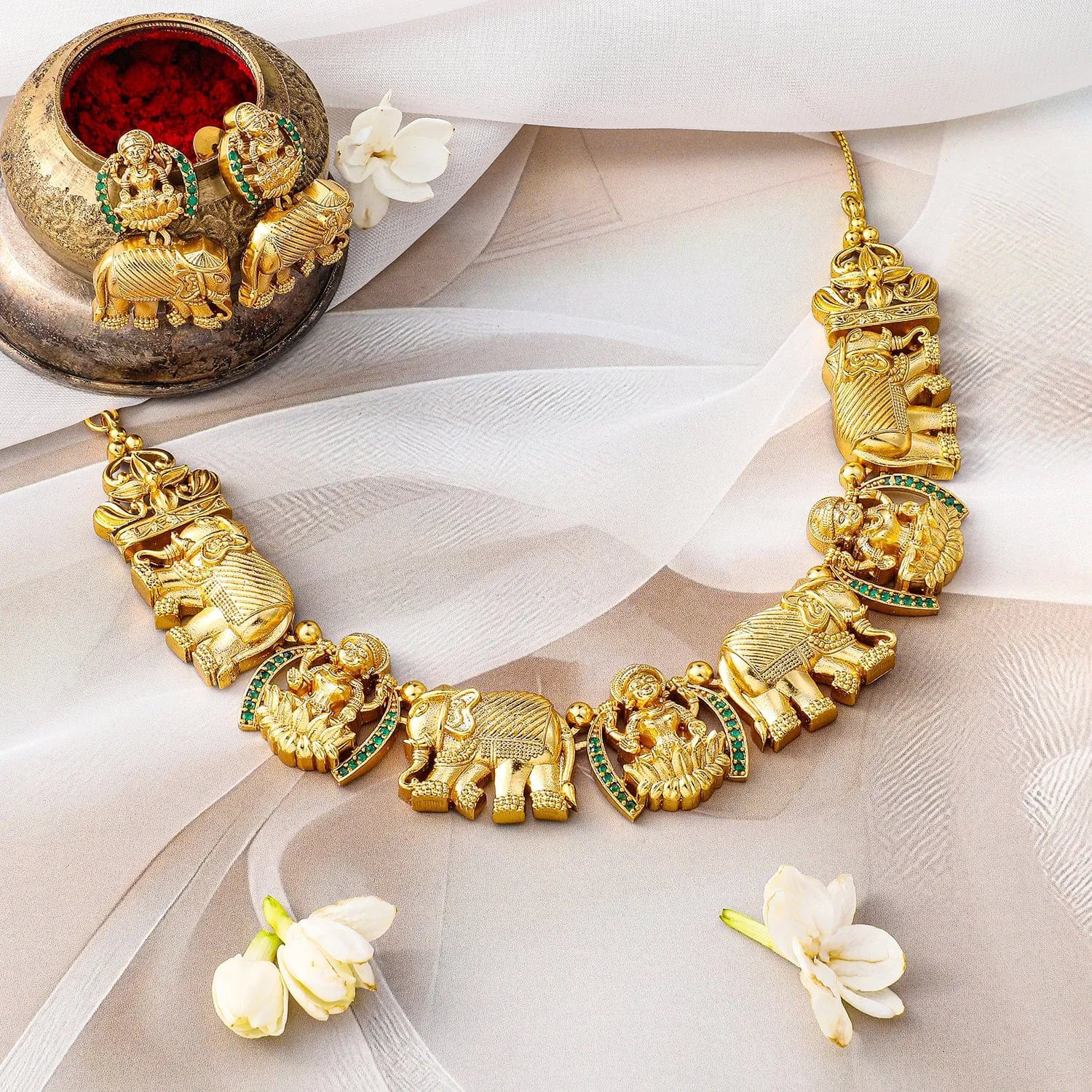 Rubans 22K Gold-Plated Lakshmi & Elephant Motifs Temple Jewellery Set with Green Accents