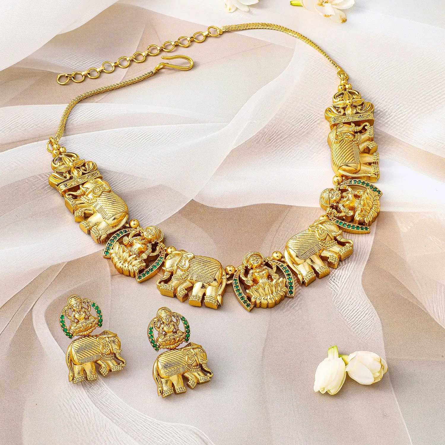 Rubans 22K Gold-Plated Lakshmi & Elephant Motifs Temple Jewellery Set with Green Accents