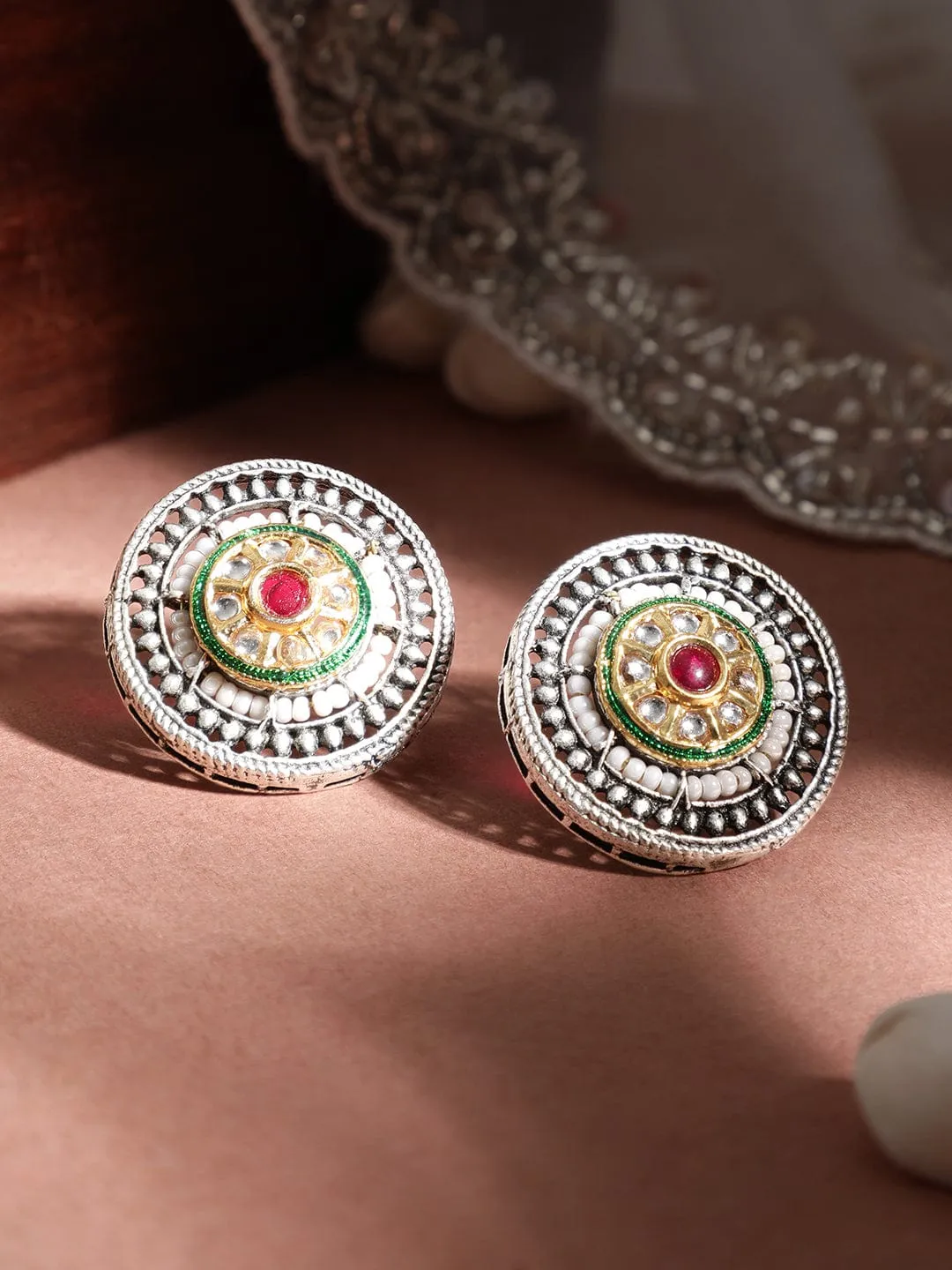 Rubans 22KT Silver-Plated Circular Oxidized Studs Earrings