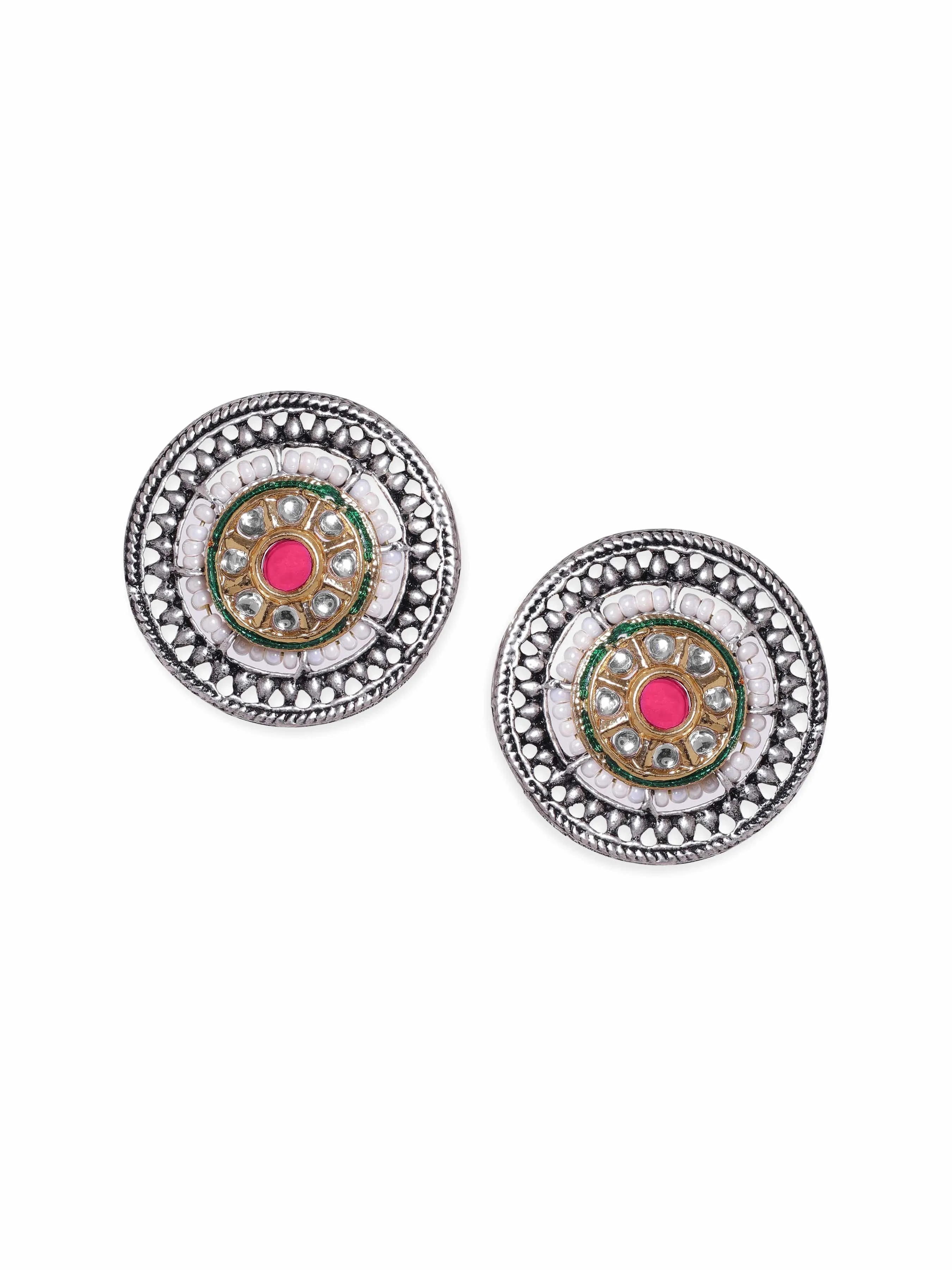 Rubans 22KT Silver-Plated Circular Oxidized Studs Earrings