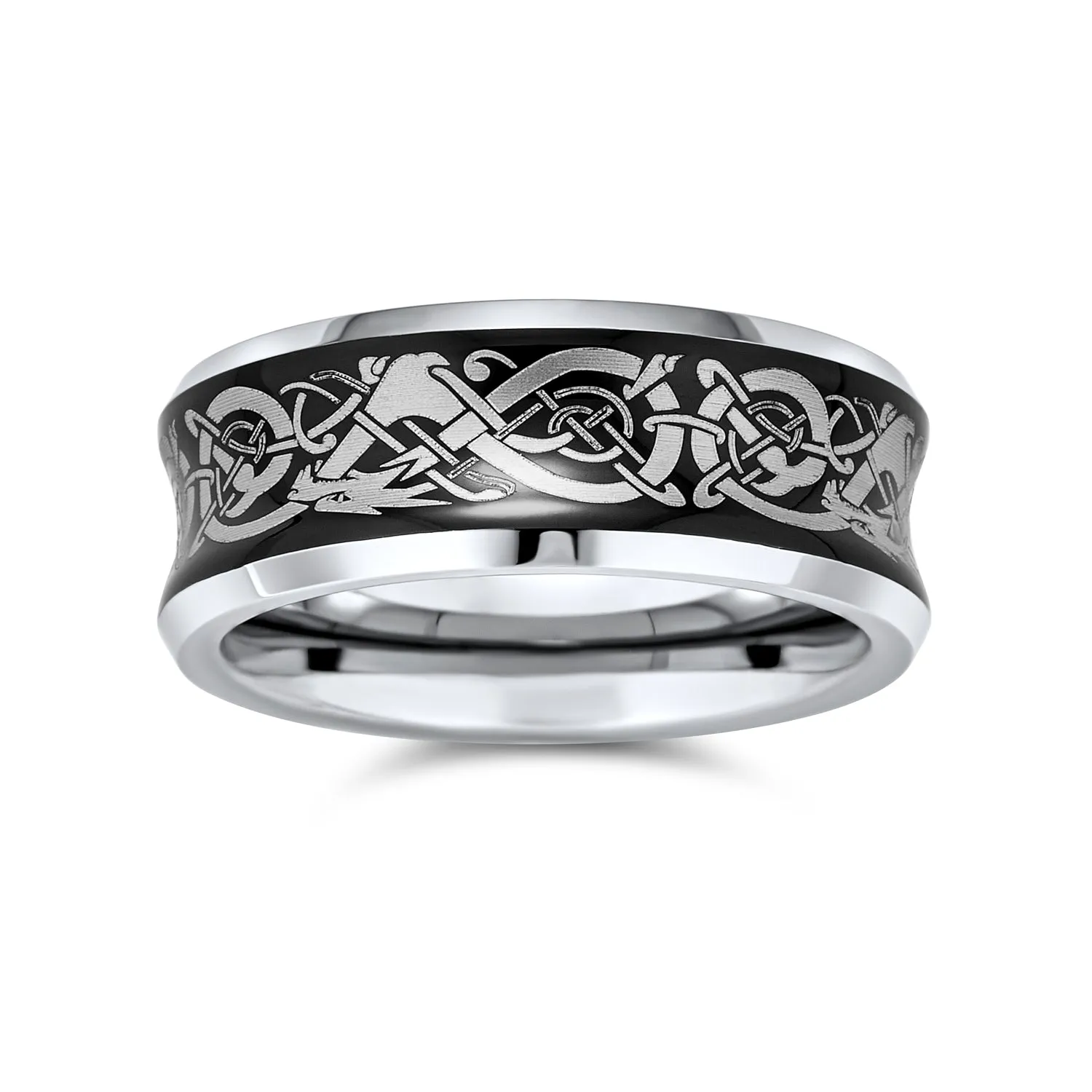 Silver Celtic Knot Dragon Inlay Tungsten Wedding Band Ring for Men Comfort Fit