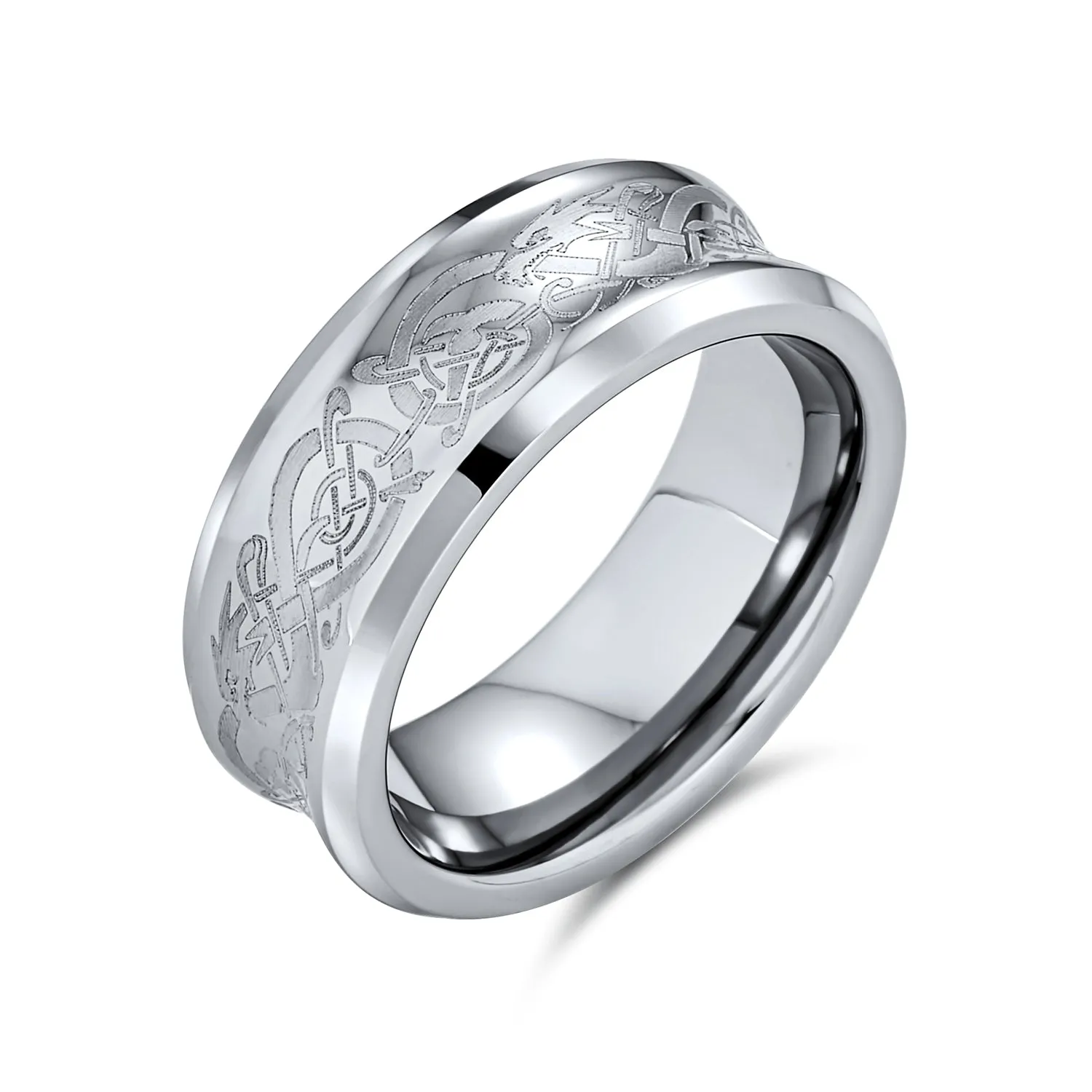 Silver Celtic Knot Dragon Inlay Tungsten Wedding Band Ring for Men Comfort Fit