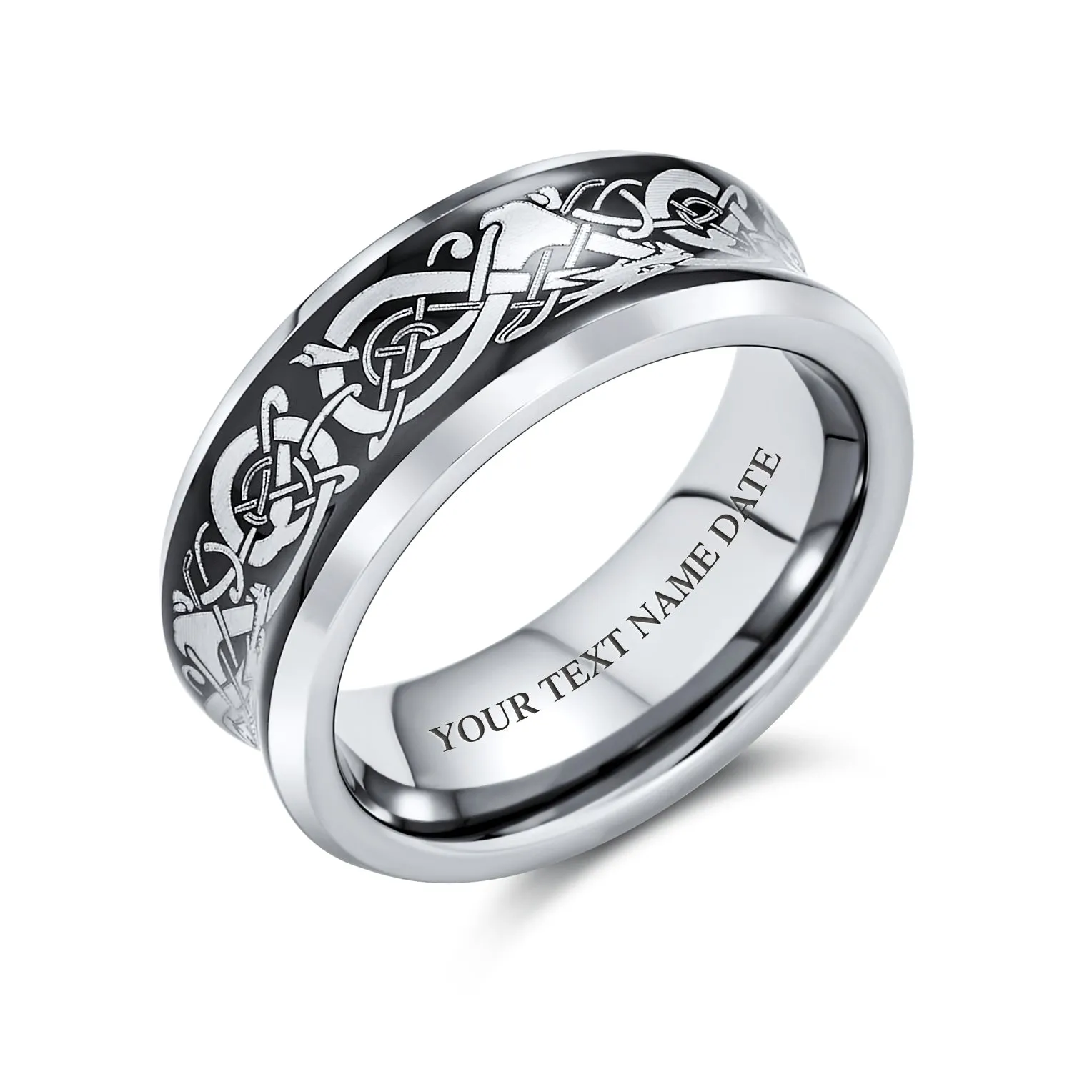 Silver Celtic Knot Dragon Inlay Tungsten Wedding Band Ring for Men Comfort Fit