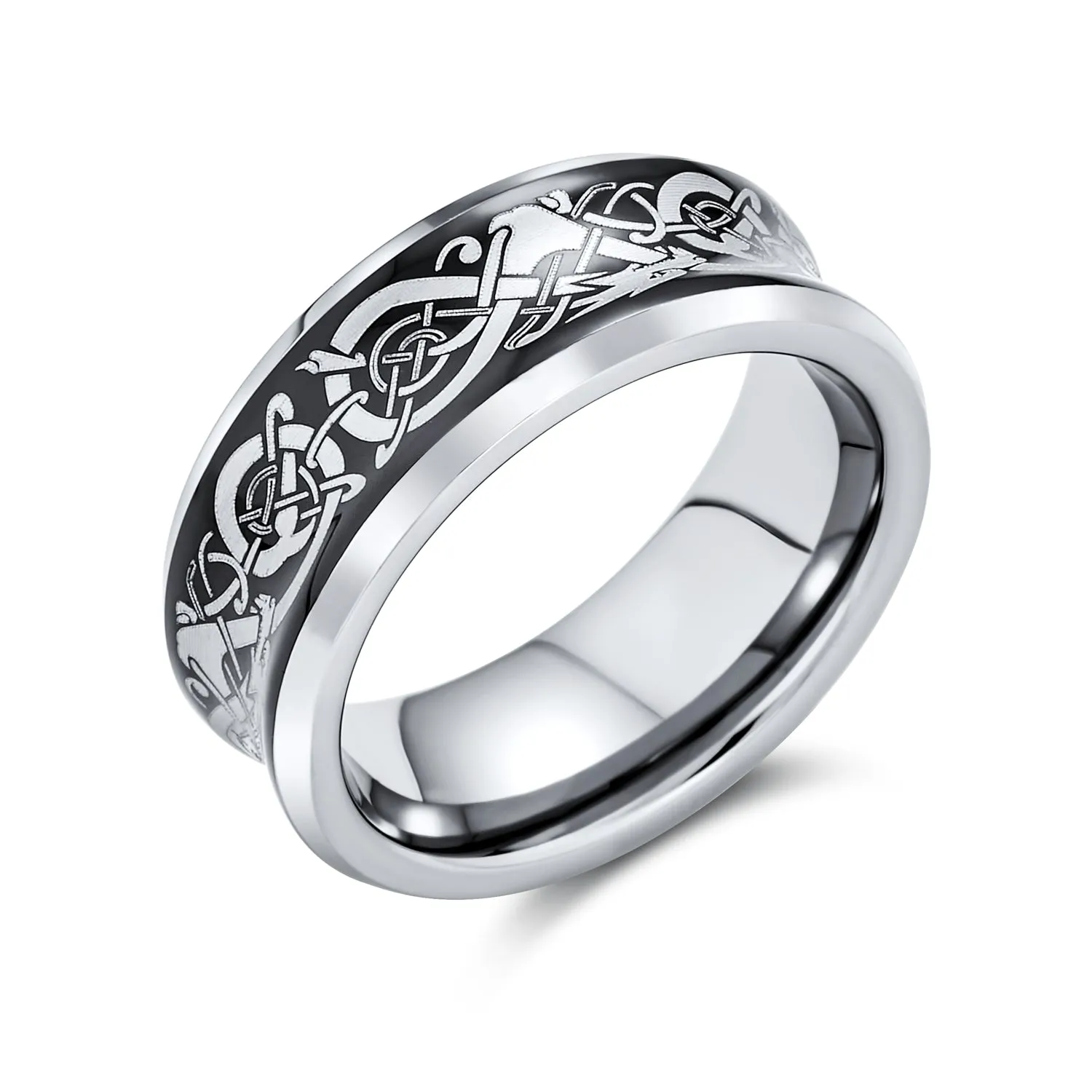 Silver Celtic Knot Dragon Inlay Tungsten Wedding Band Ring for Men Comfort Fit