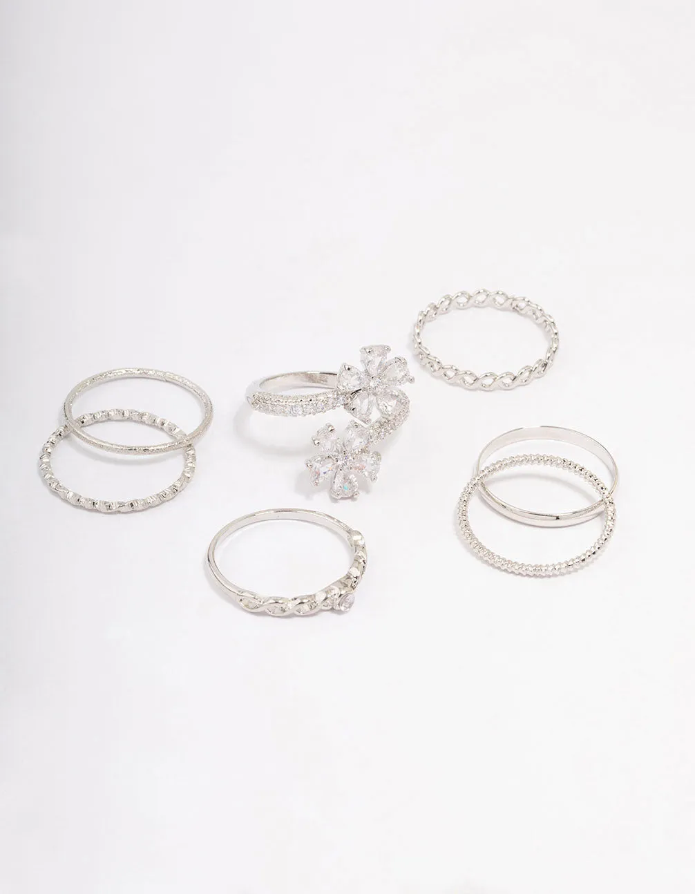 Silver Cubic Zirconia Floral Ring 7-Pack