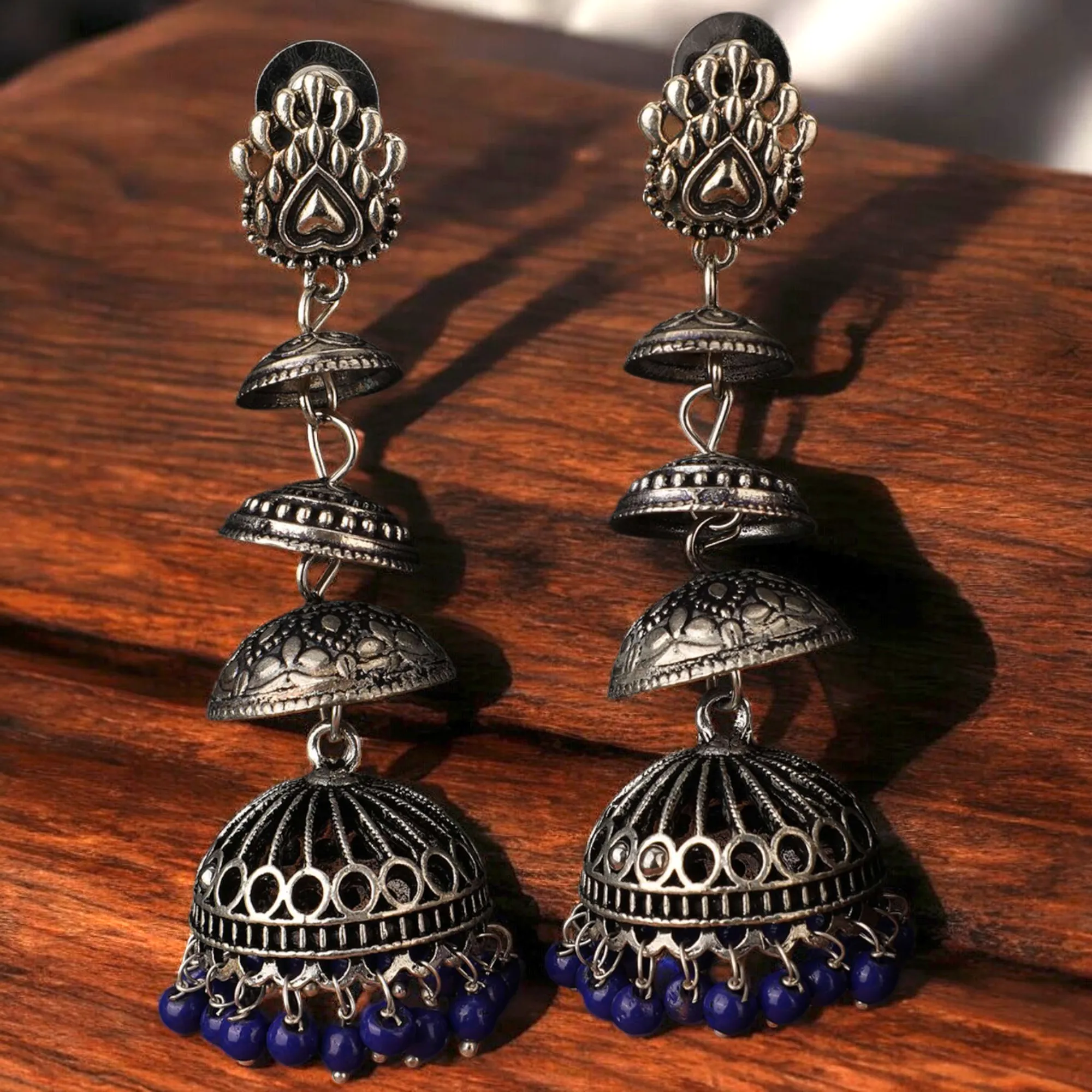 Silver Tone Oxidized Jhumka Earring Set, Traditional Indian Jewelry