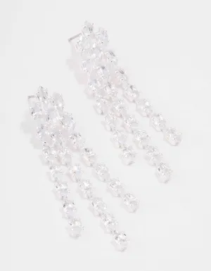 Silver Triple Layer Cubic Zirconia Cup Chain Drop Earrings